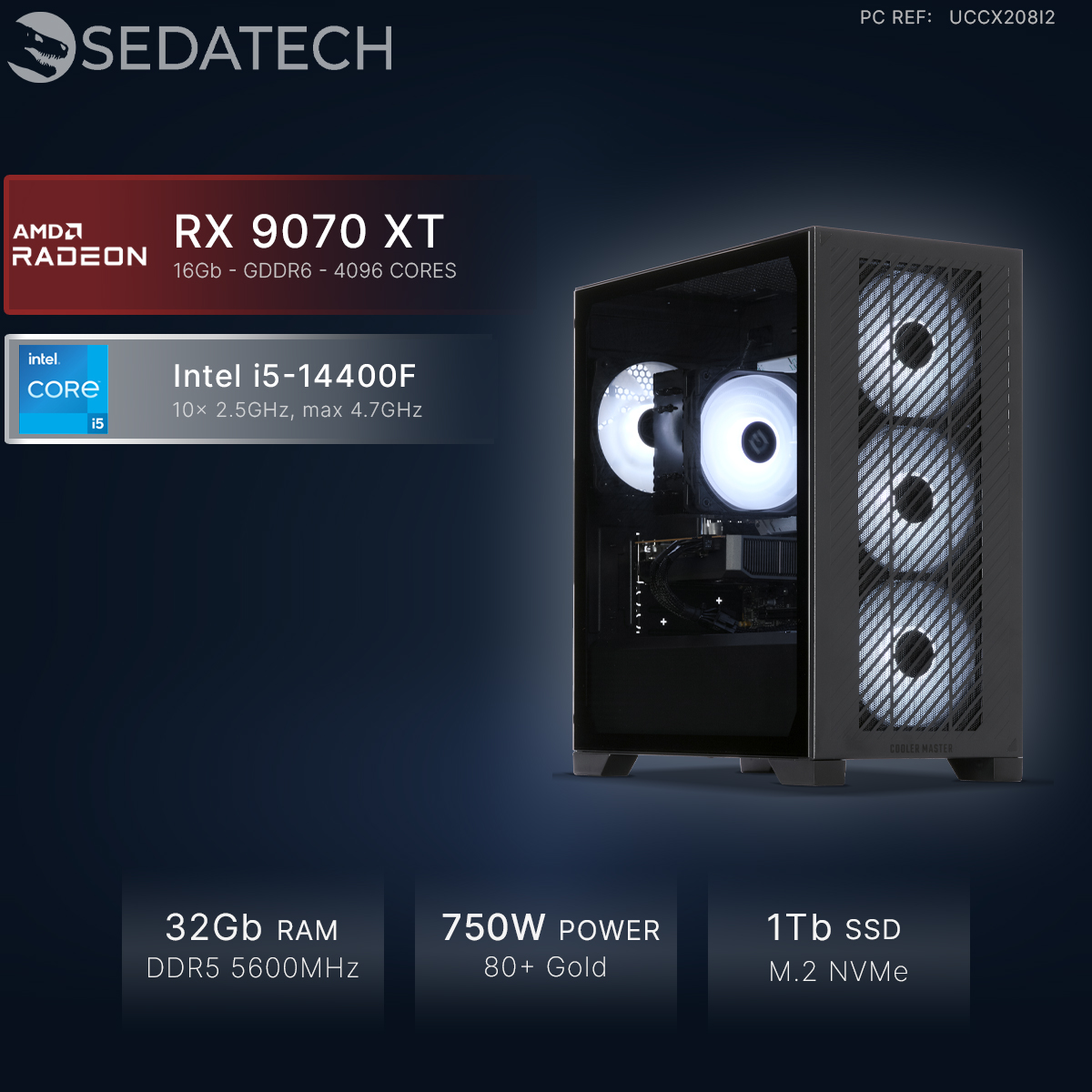 Un PC gamer avec AMD RX 9070 XT, Intel i5-14400F, 32 Go de RAM et 1 To de SSD.