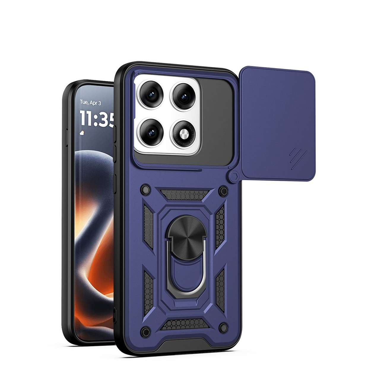 Donkerblauwe telefoonhoes met ringhouder en schuifbare camerabeschermer.