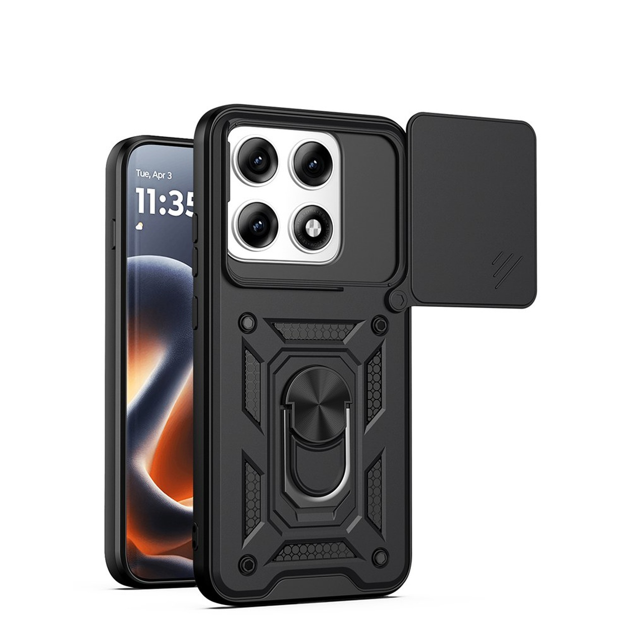 Zwarte telefoonhoes met vier camera's, ringhouder en schuifdeksel.