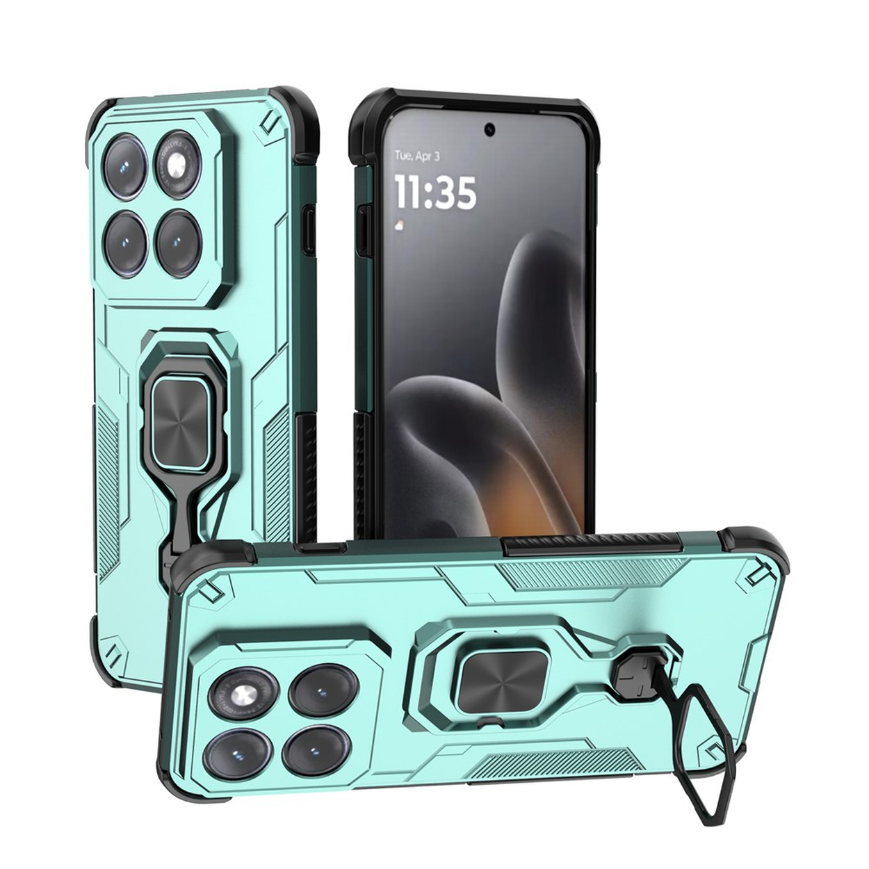 Turquoise telefoonhoesje met ringhouder en vierkante camera-uitsparing.