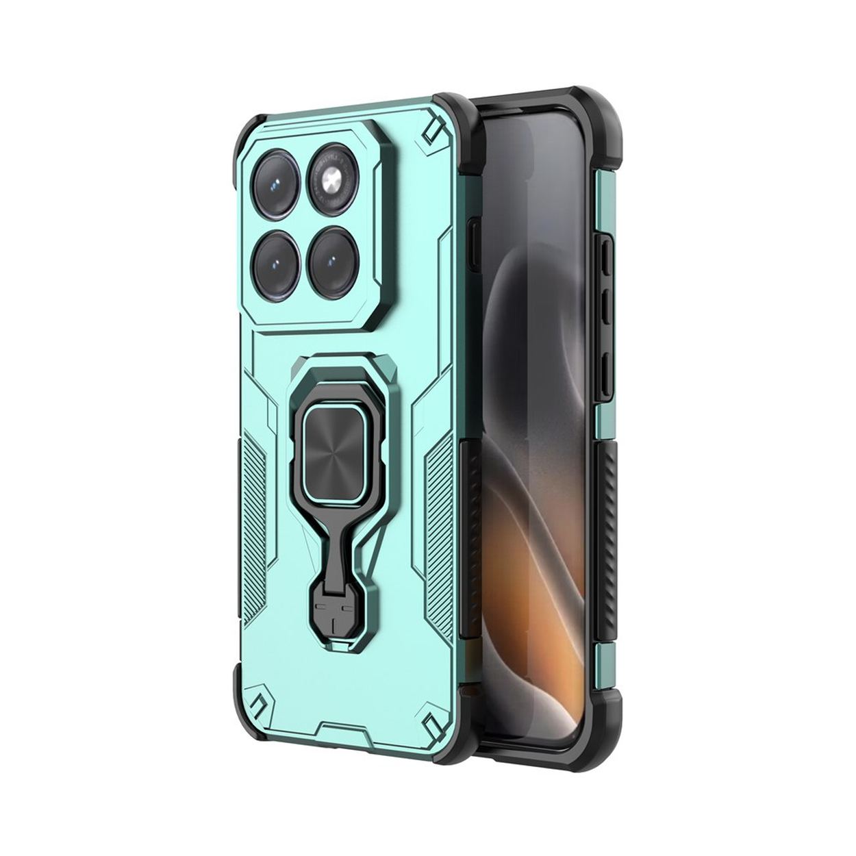 Turquoise telefoonhoesje met vier camera's en ringhouder.