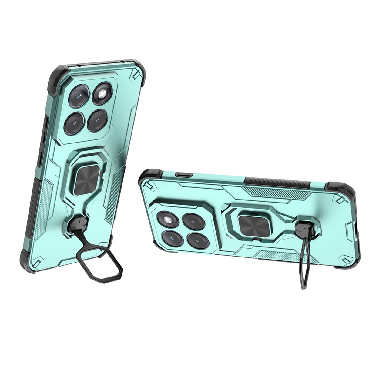 Twee teal telefoonhoesjes met ringhouders en vier cameralenzen.
