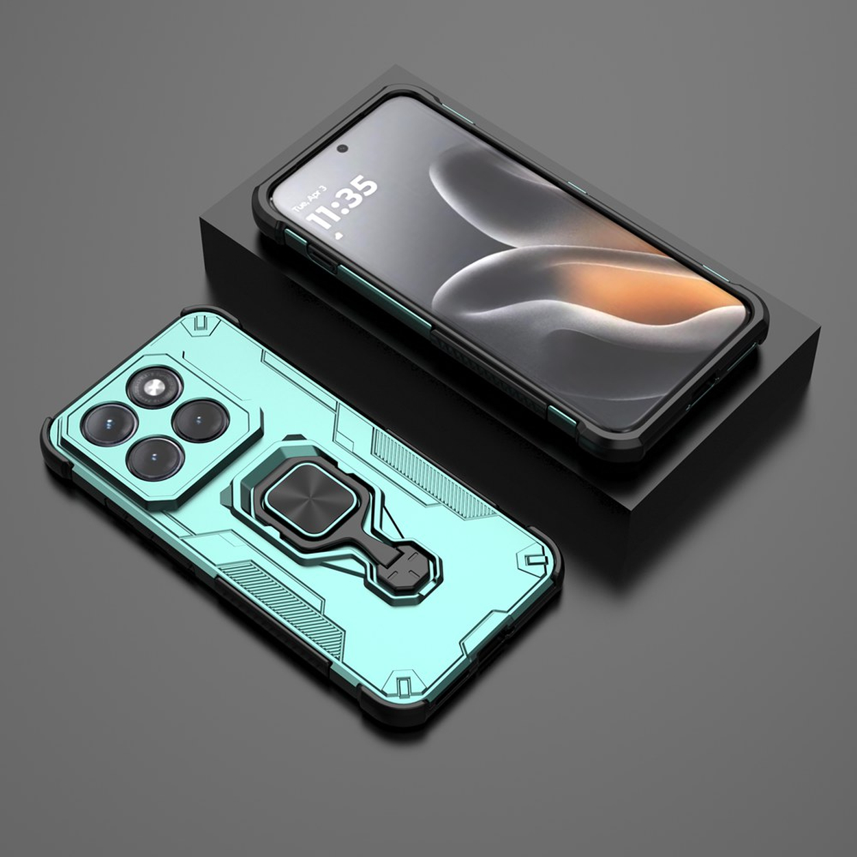 Een teal telefoonhoes met ringstandaard staat naast een telefoon op een zwarte standaard.