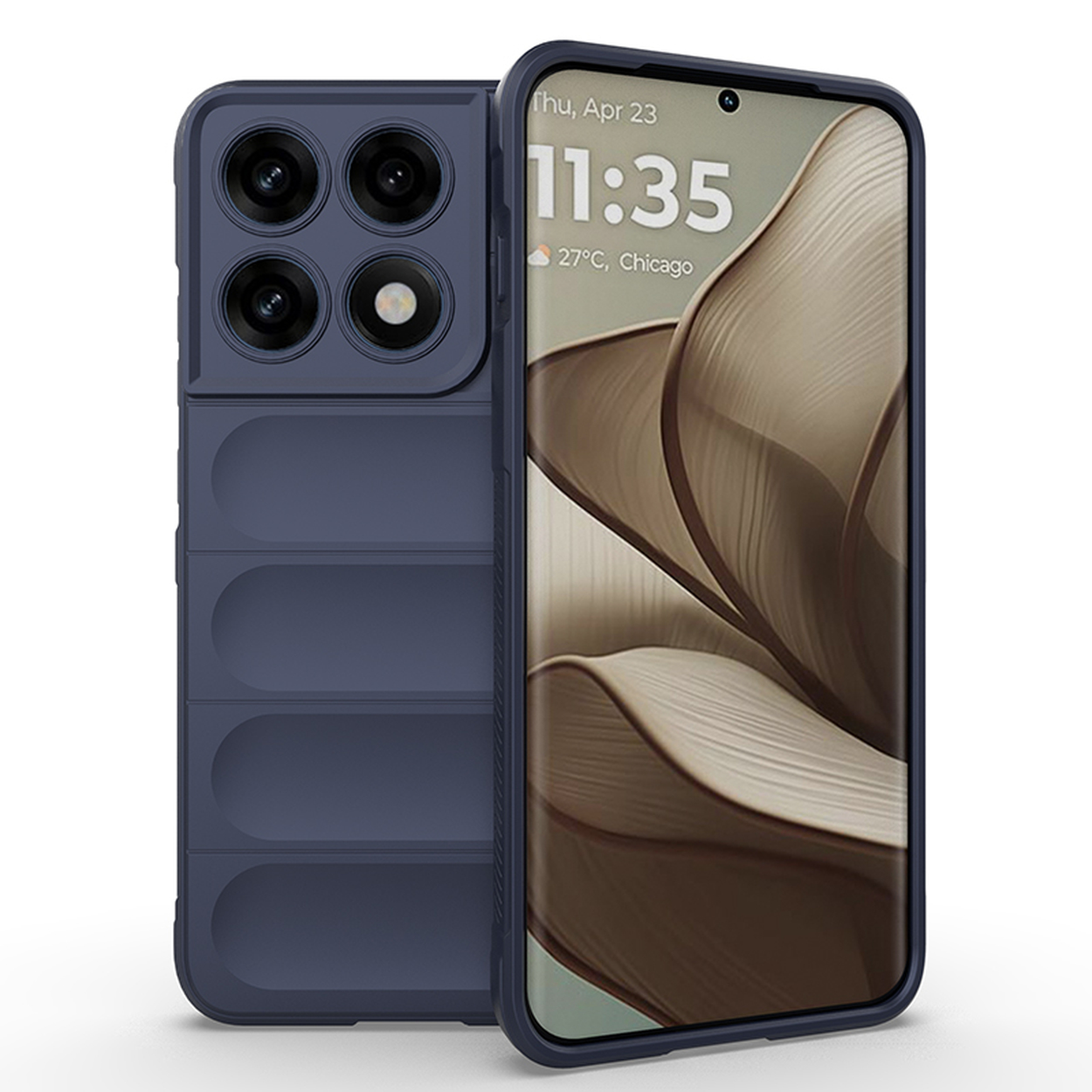 Donkerblauwe telefoonhoes met vier camera's en geribbeld ontwerp.
