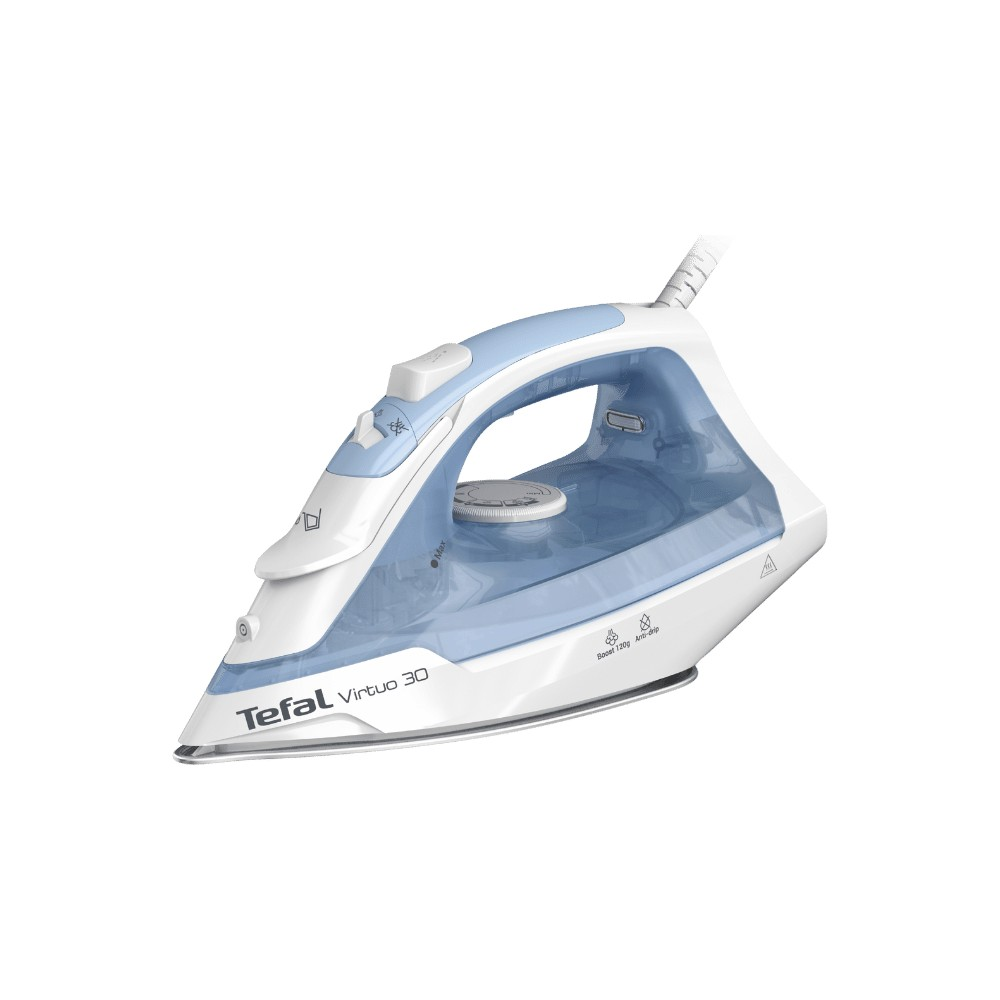 Şeffaf su haznesine sahip beyaz ve mavi Tefal buharlı ütü.
