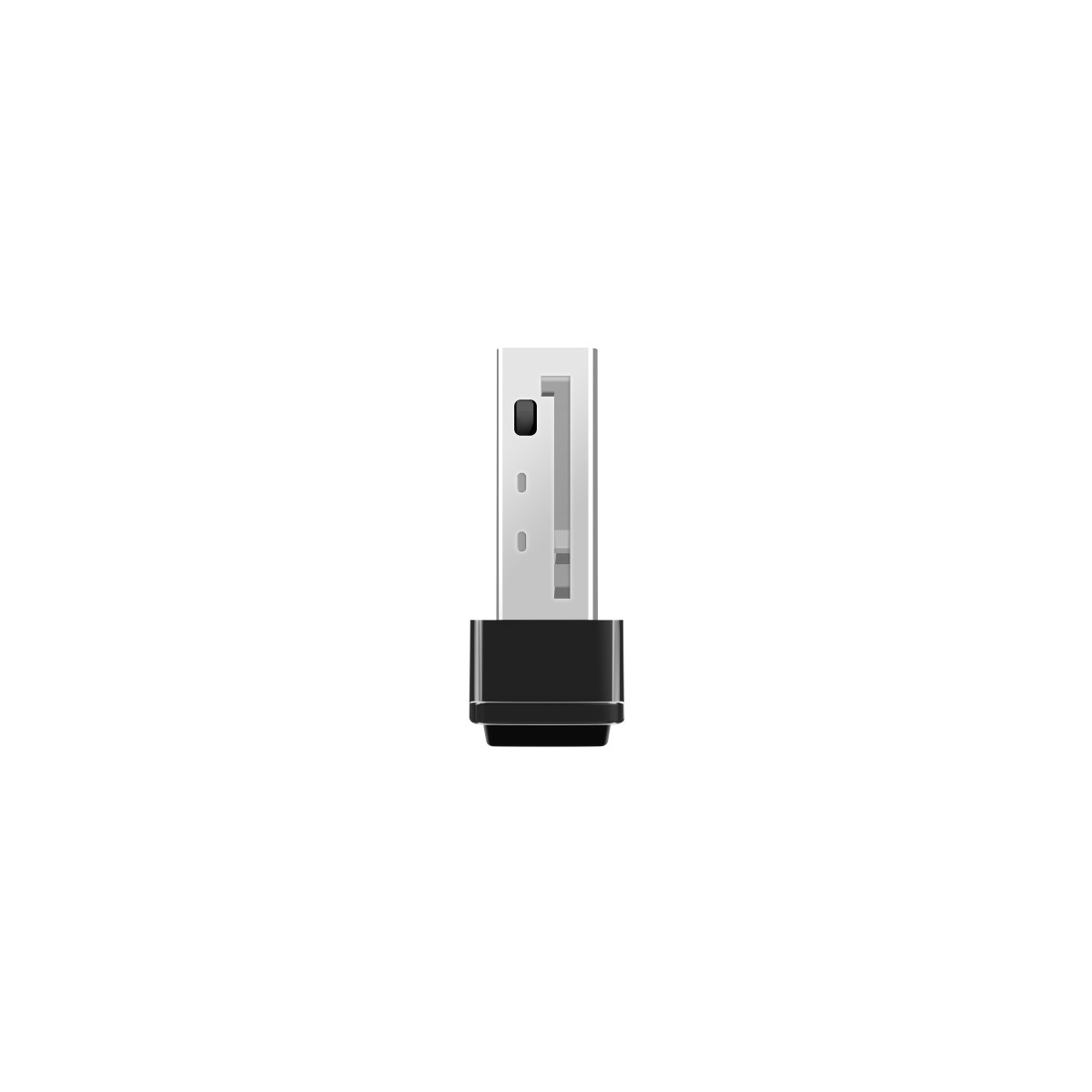 Beyaz arka plan üzerinde küçük siyah ve gümüş USB dongle.