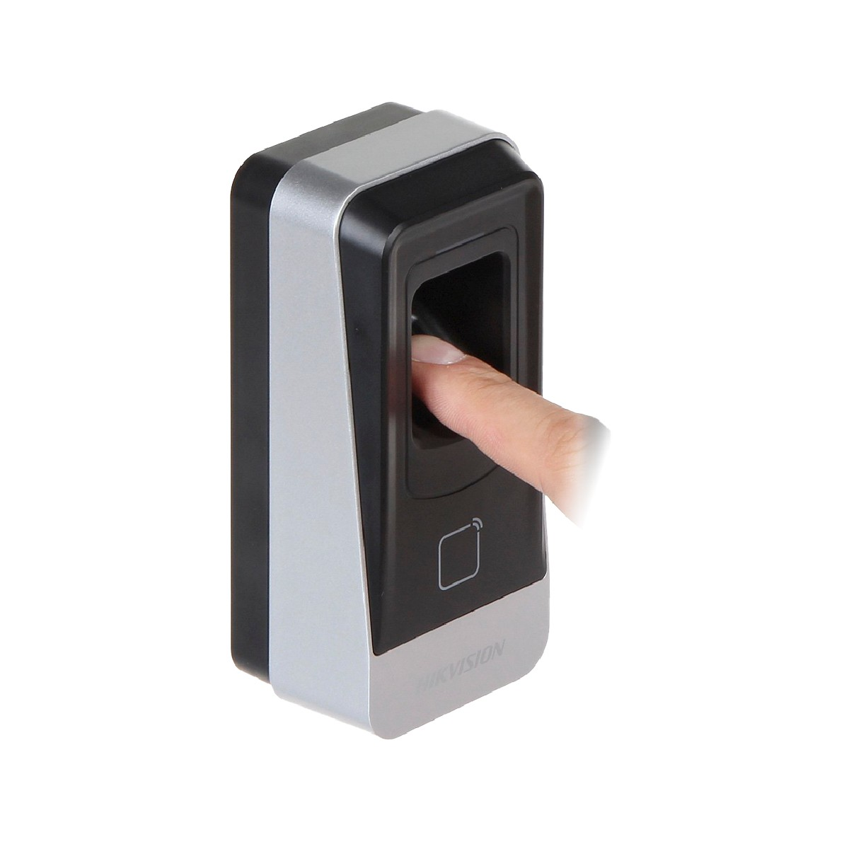 Un dito tocca uno scanner di impronte digitali nero con accenti argentati.