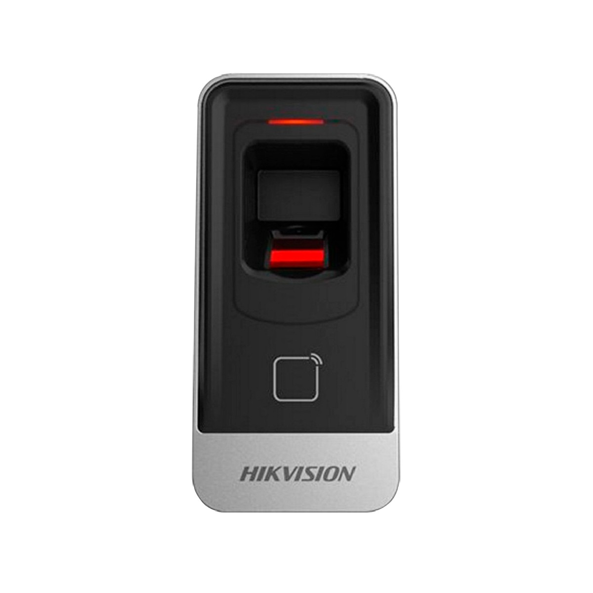 Scanner di impronte digitali nero con luce rossa e logo Hikvision.
