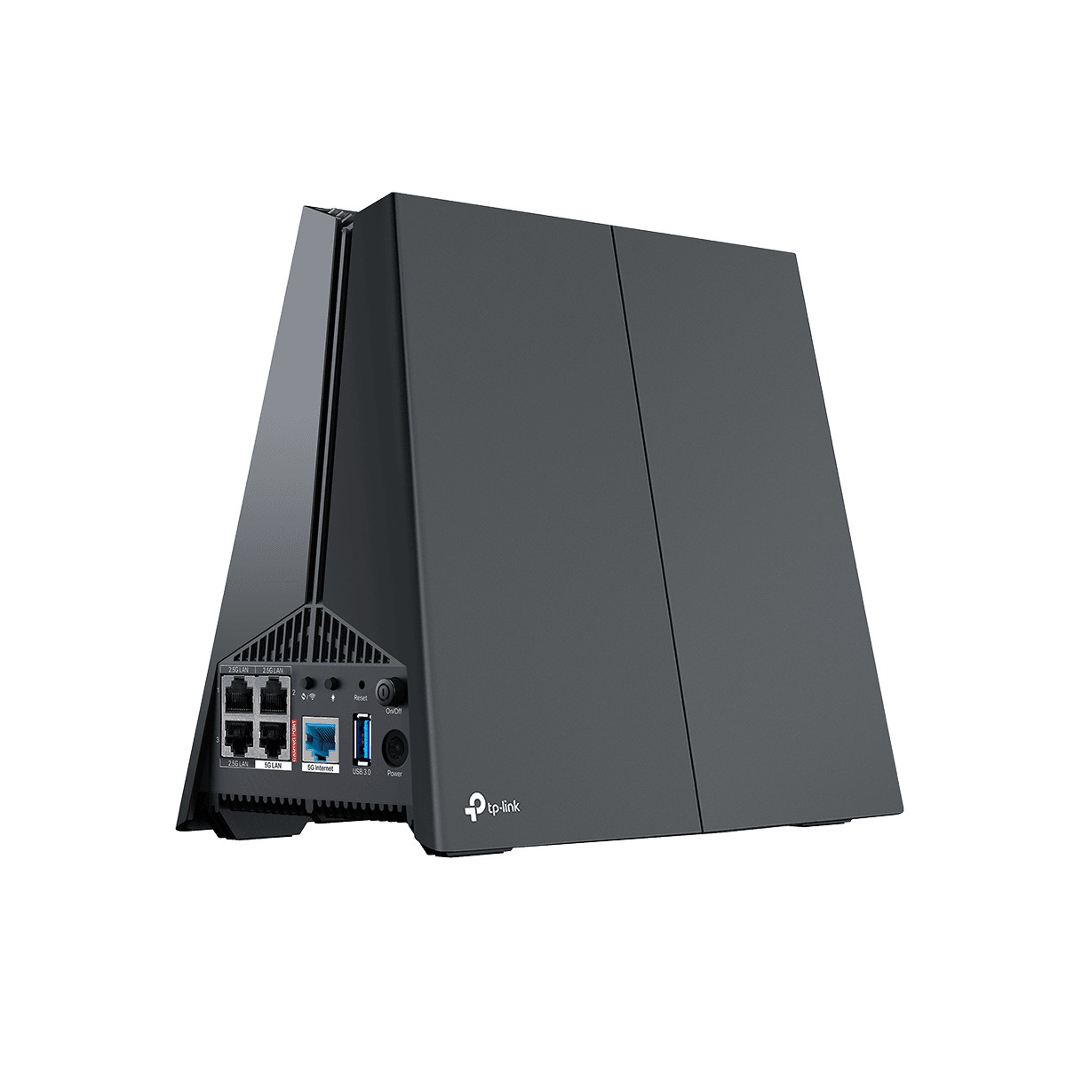 Ein schwarzer TP-Link Router mit Anschlüssen für LAN, Internet und USB.