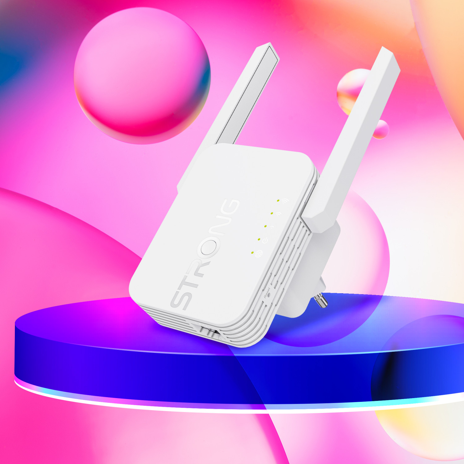 Un extensor Wi-Fi STRONG blanco con antenas se muestra en un podio azul y morado.