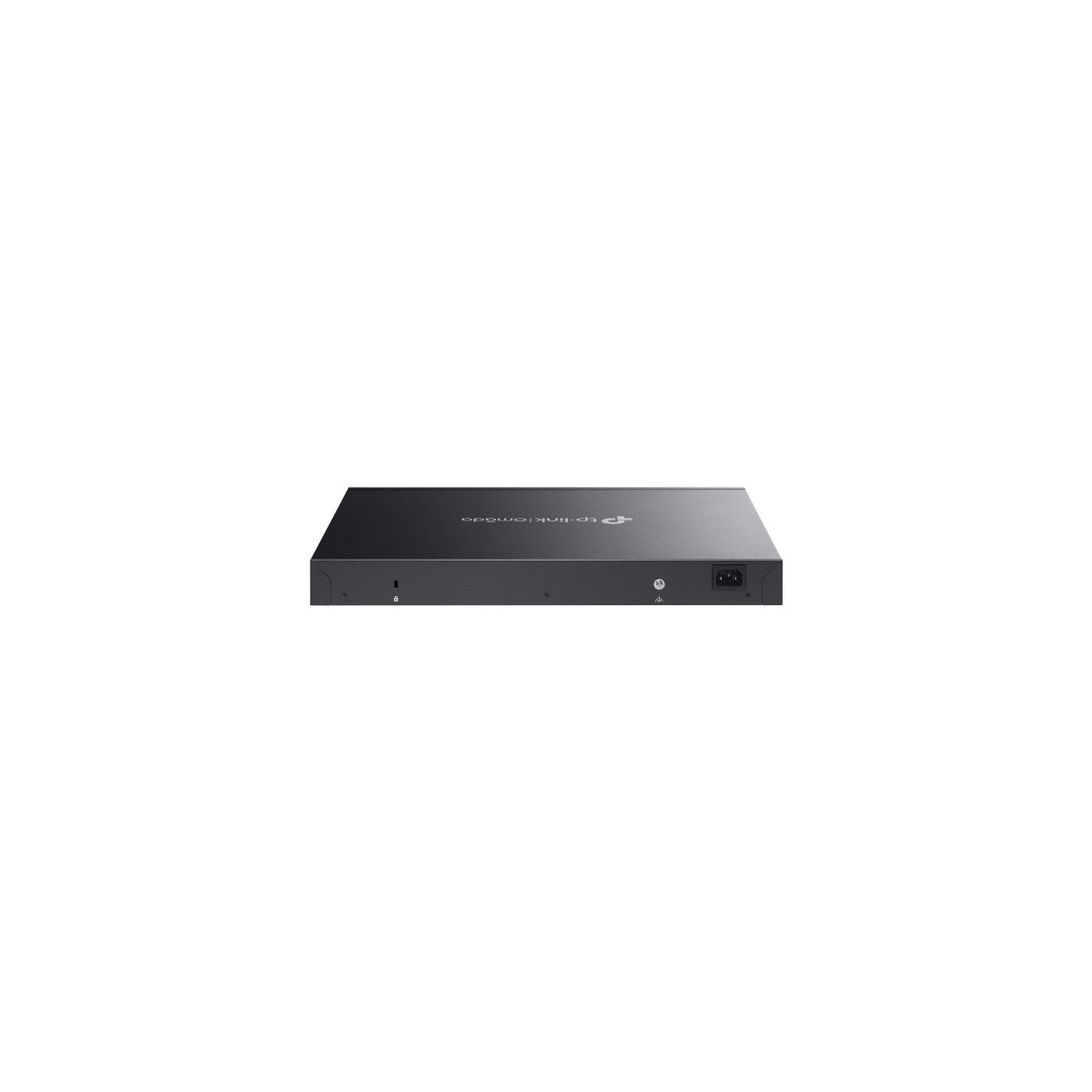 A black TP-Link Omada network device with front-facing ports on a white background.