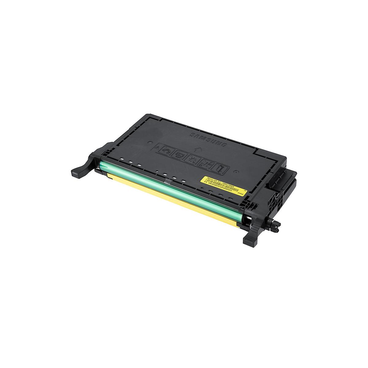 Una cartuccia toner Samsung gialla e verde su sfondo bianco.