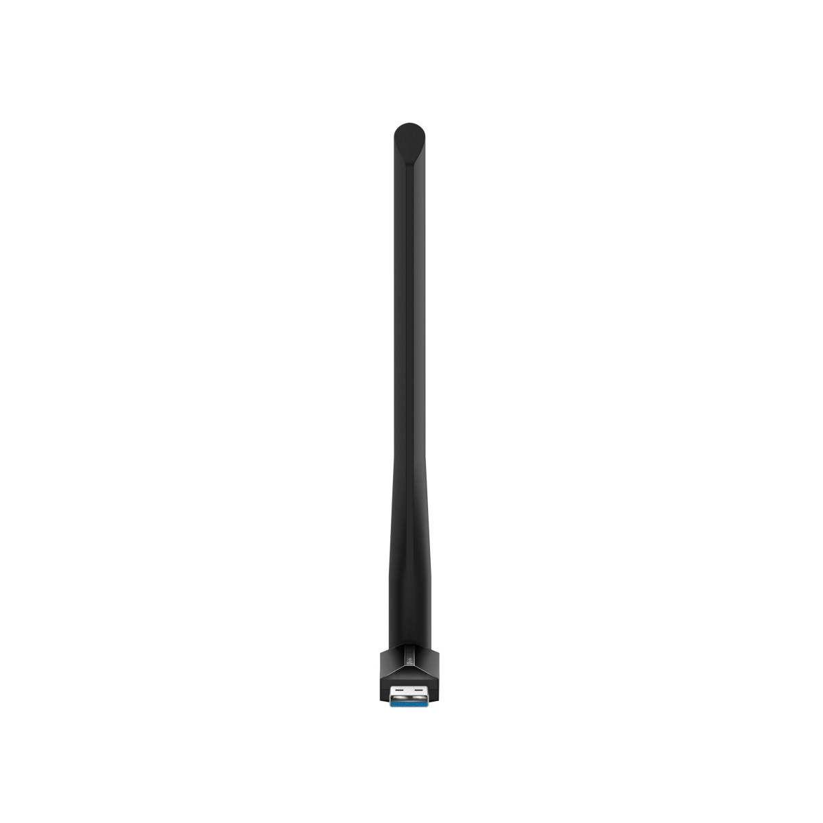 A black USB Wi-Fi adapter with an antenna stands on a white background.