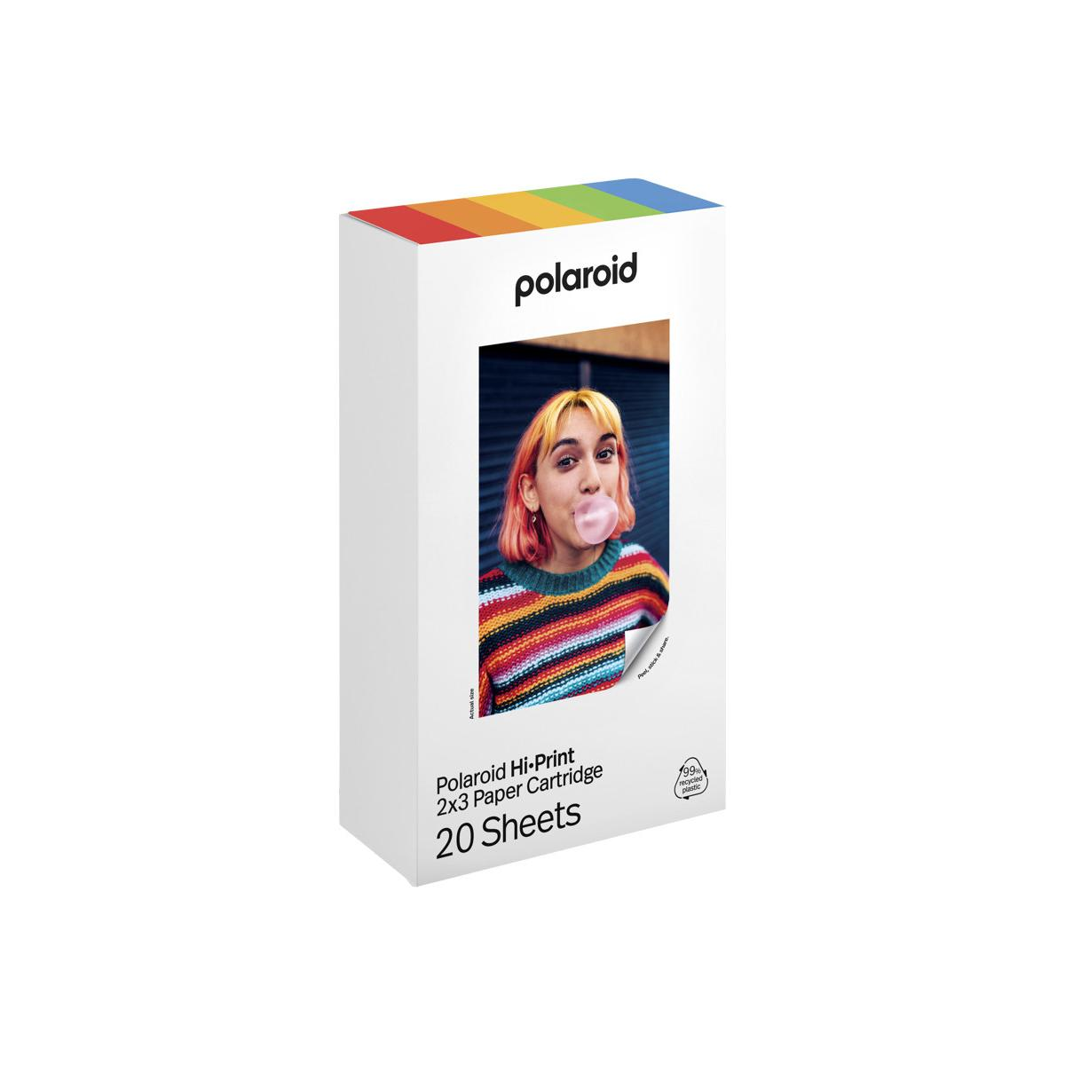 Polaroid Hi-Print kartuş 20 yaprak, gökkuşağı kapaklı, sakız üfleyen kadın resmi.