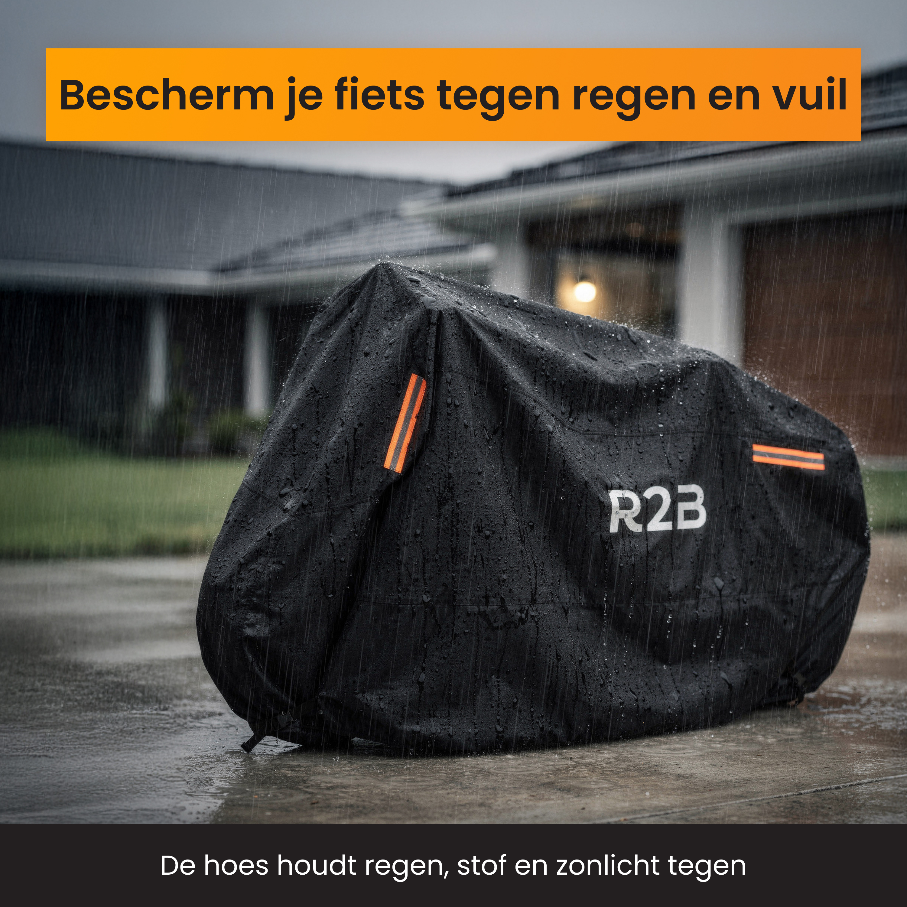 A bicycle covered by a black, rain-soaked cover with orange stripes.