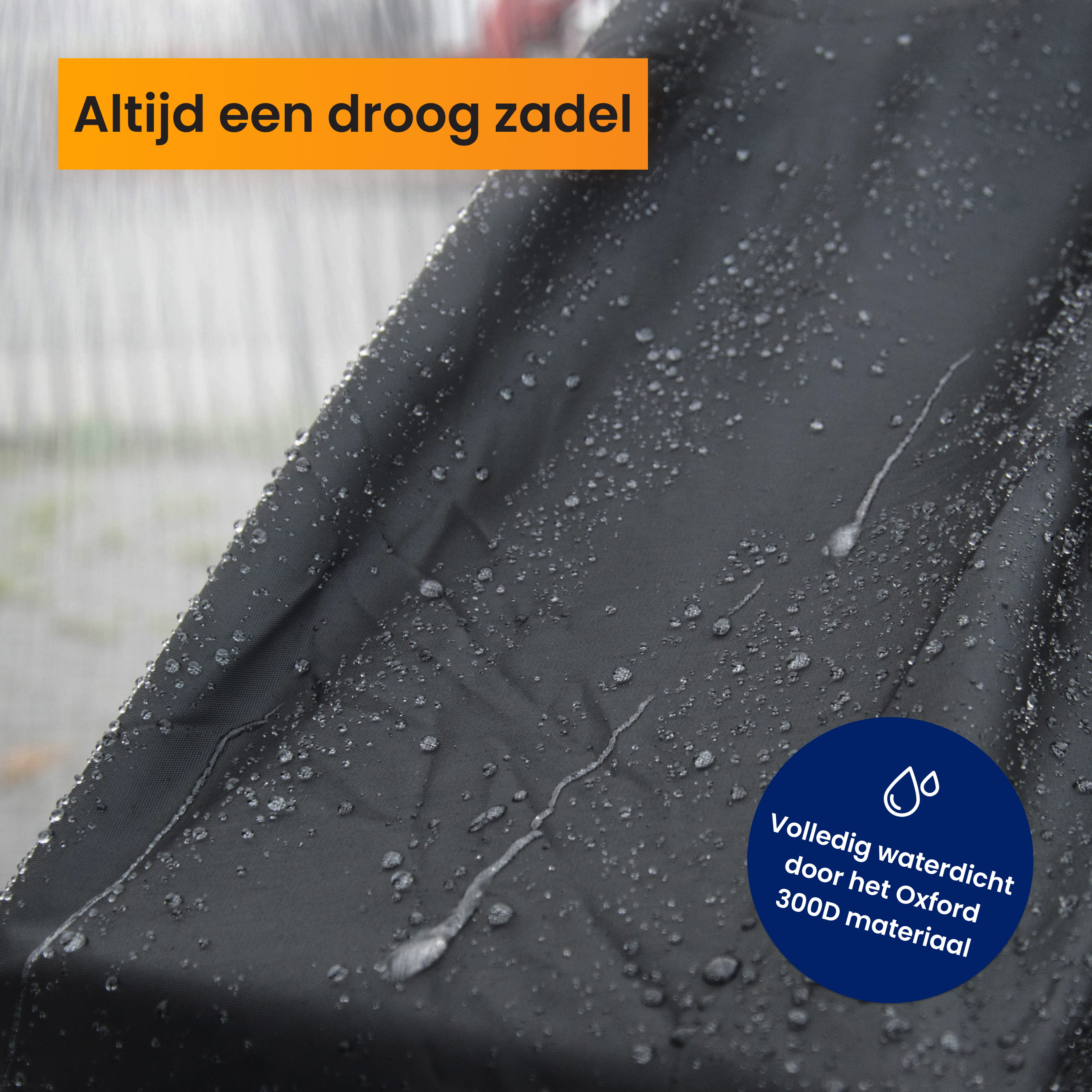 Black fabric with water drops. Orange text in top left.