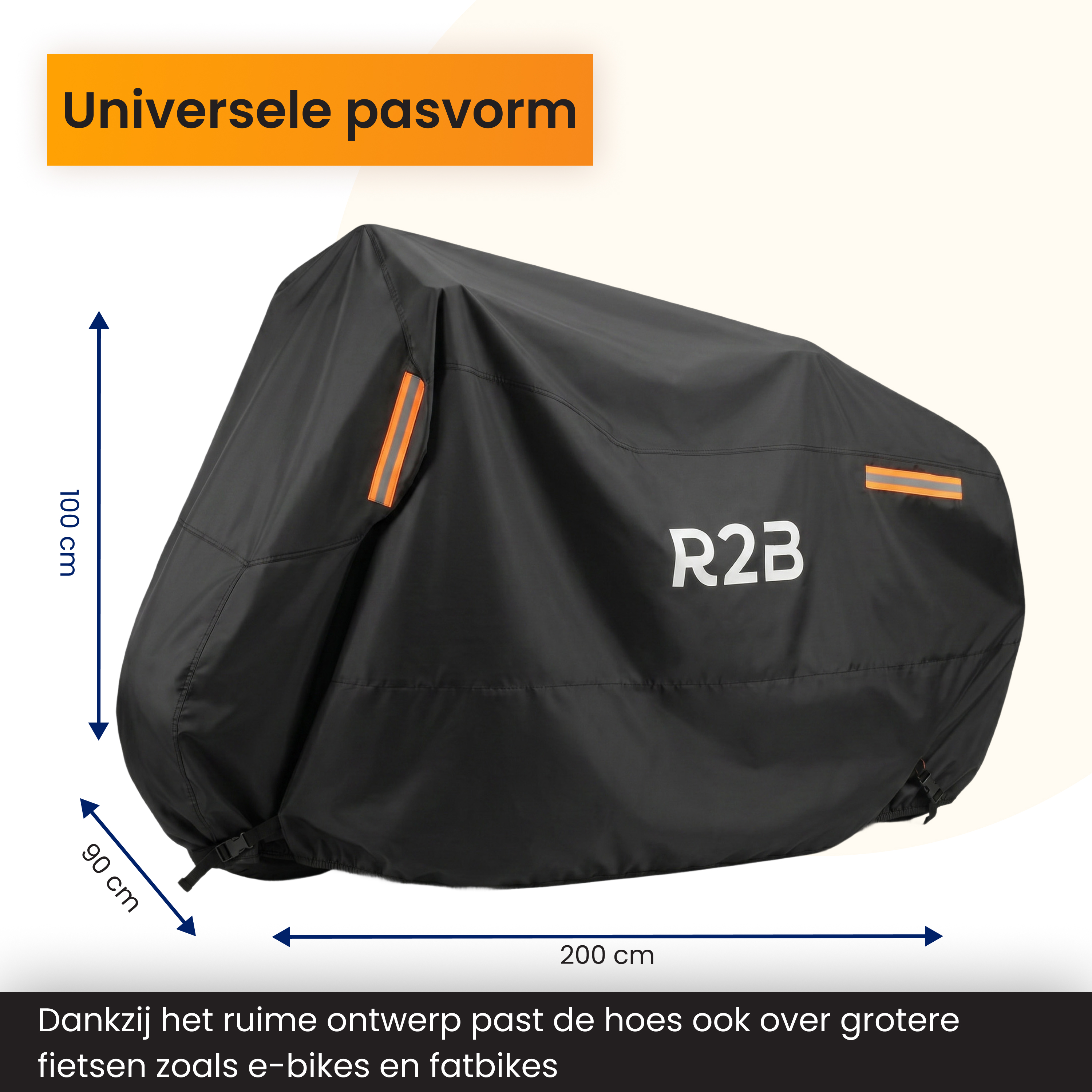 Black bicycle cover with R2B logo, dimensions 200x100x90cm.