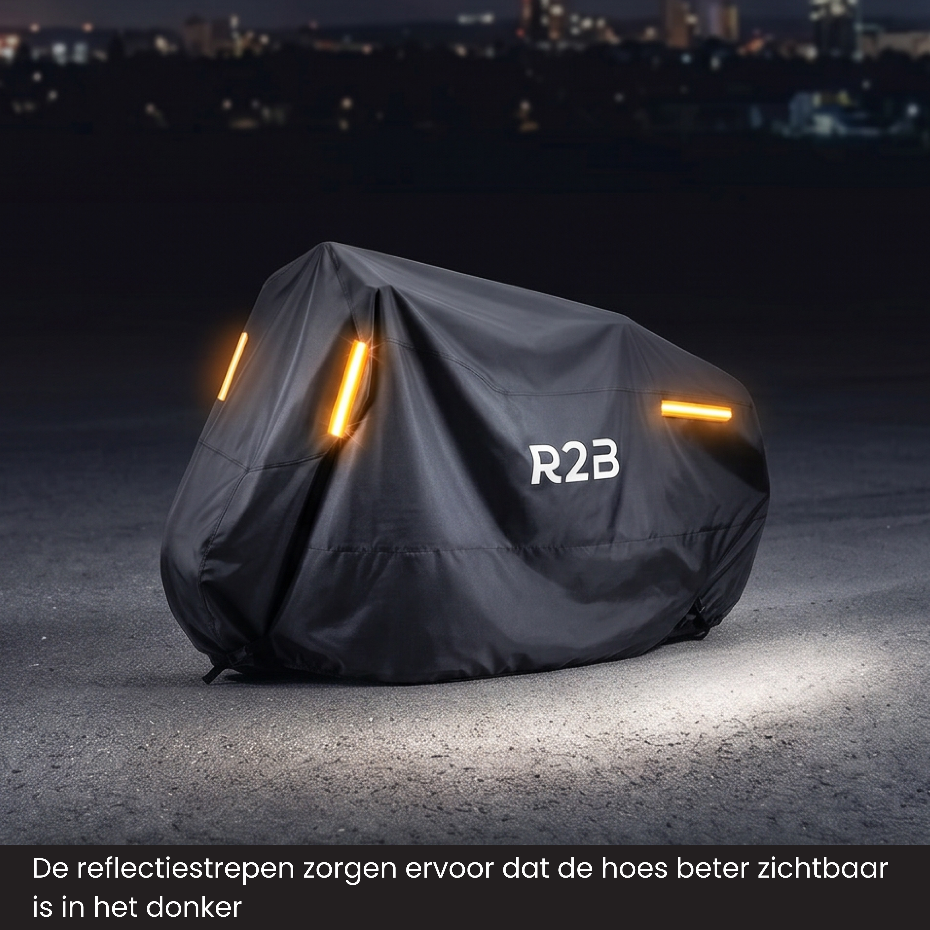 A black motorcycle cover with reflective stripes at night.