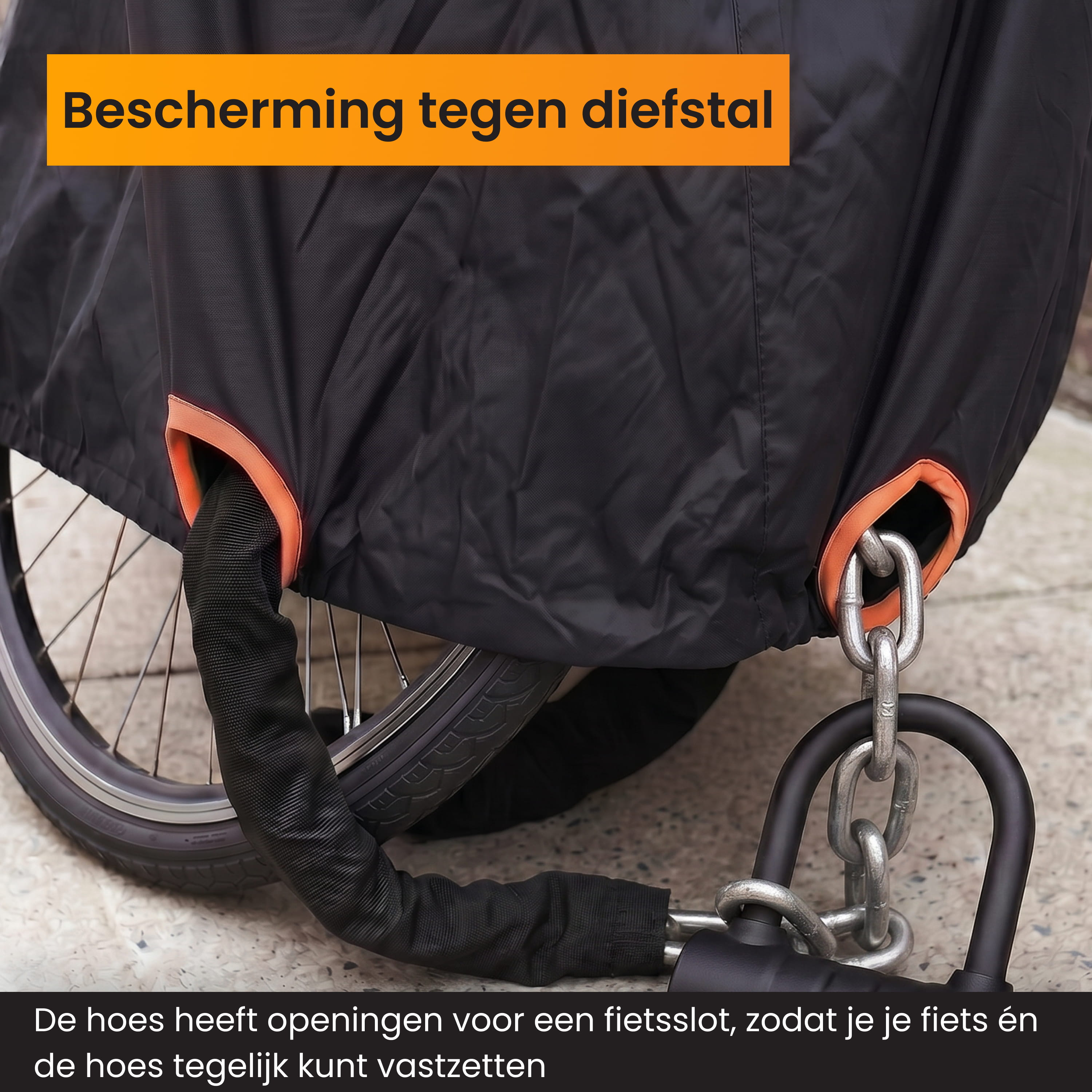 Black bike cover with orange rings and a lock.