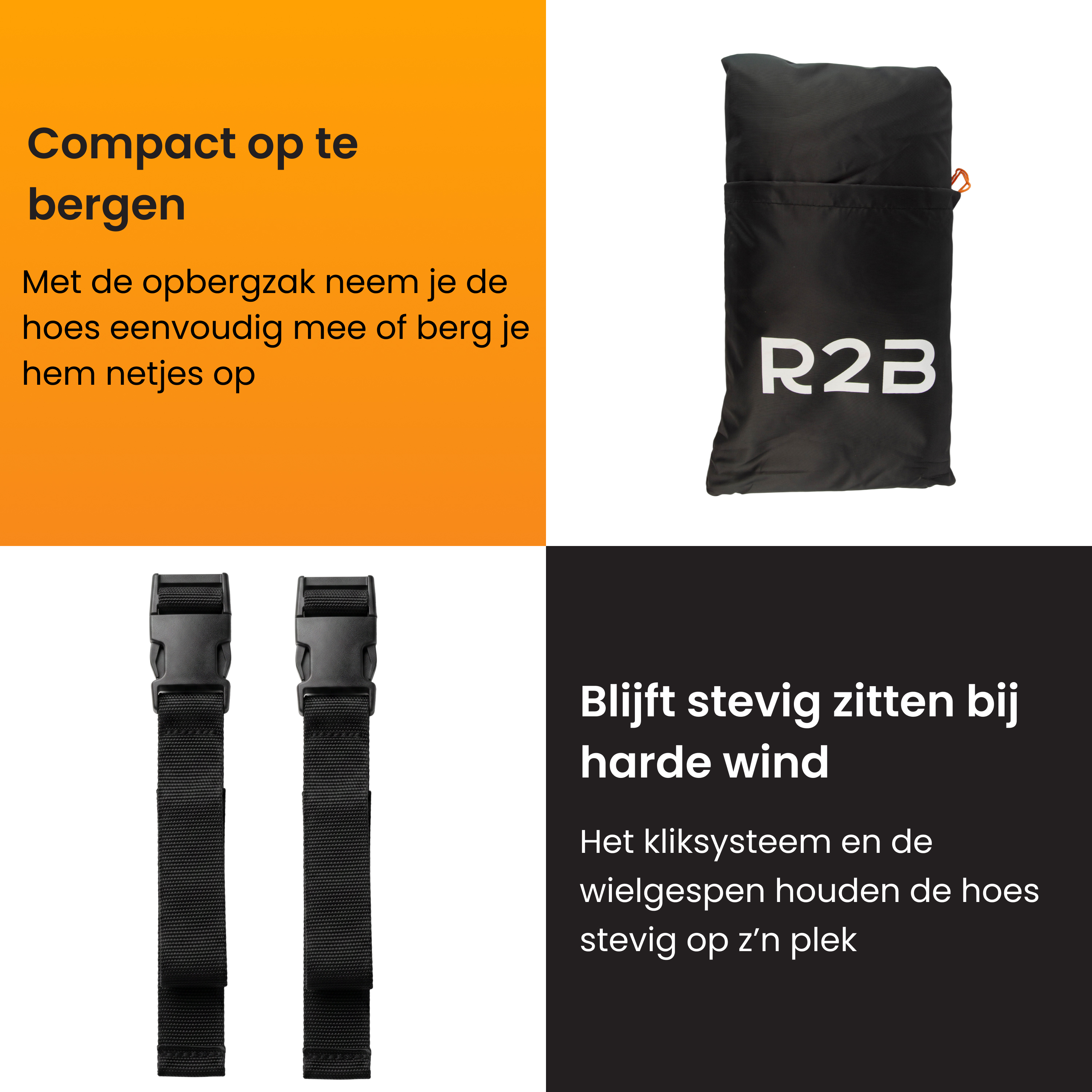 Black bag with R2B logo and two black straps with buckles.