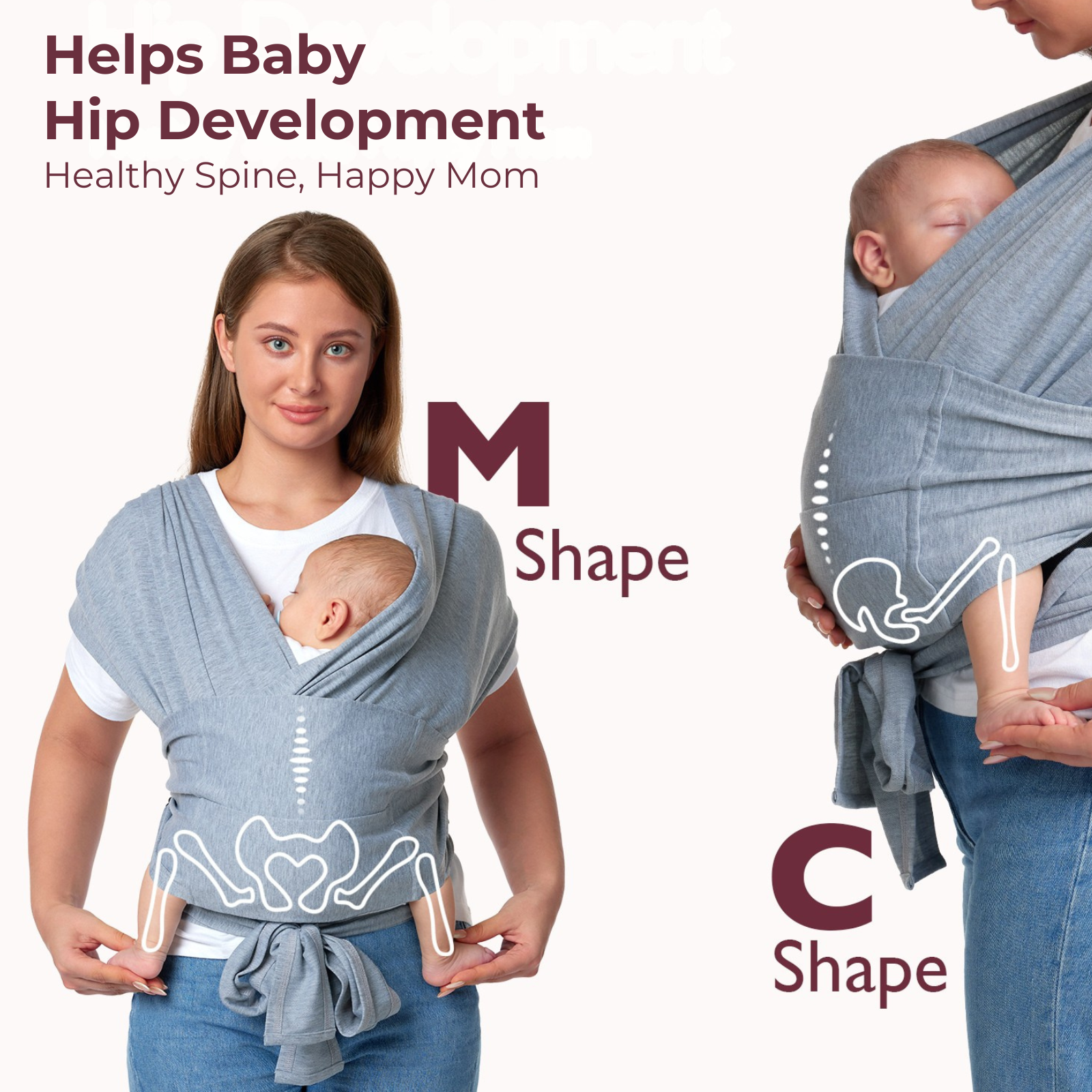 Baby in Tragetuch, M-Form Hüftentwicklung, C-Form falsch.