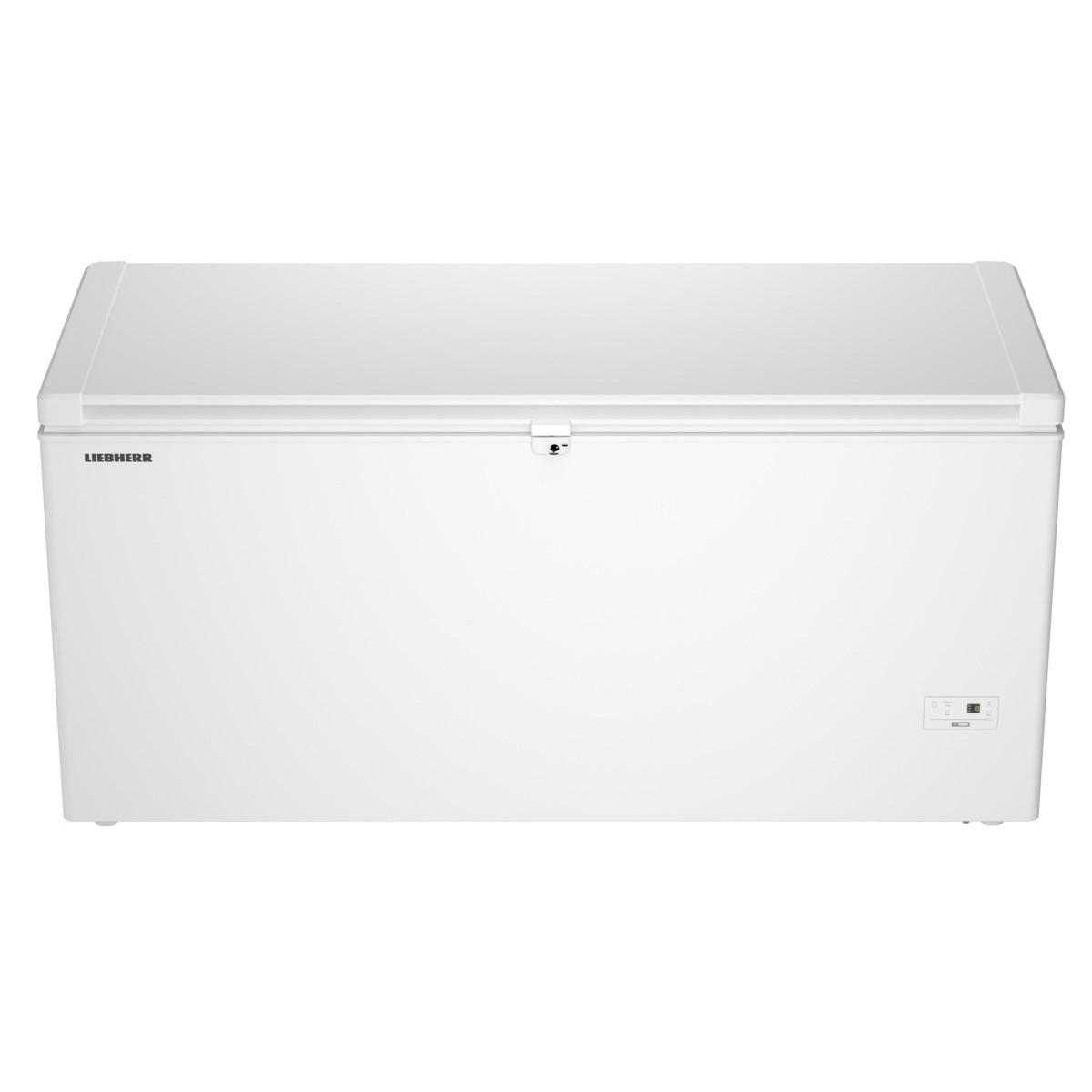 Congelatore orizzontale bianco Liebherr con serratura e display digitale.