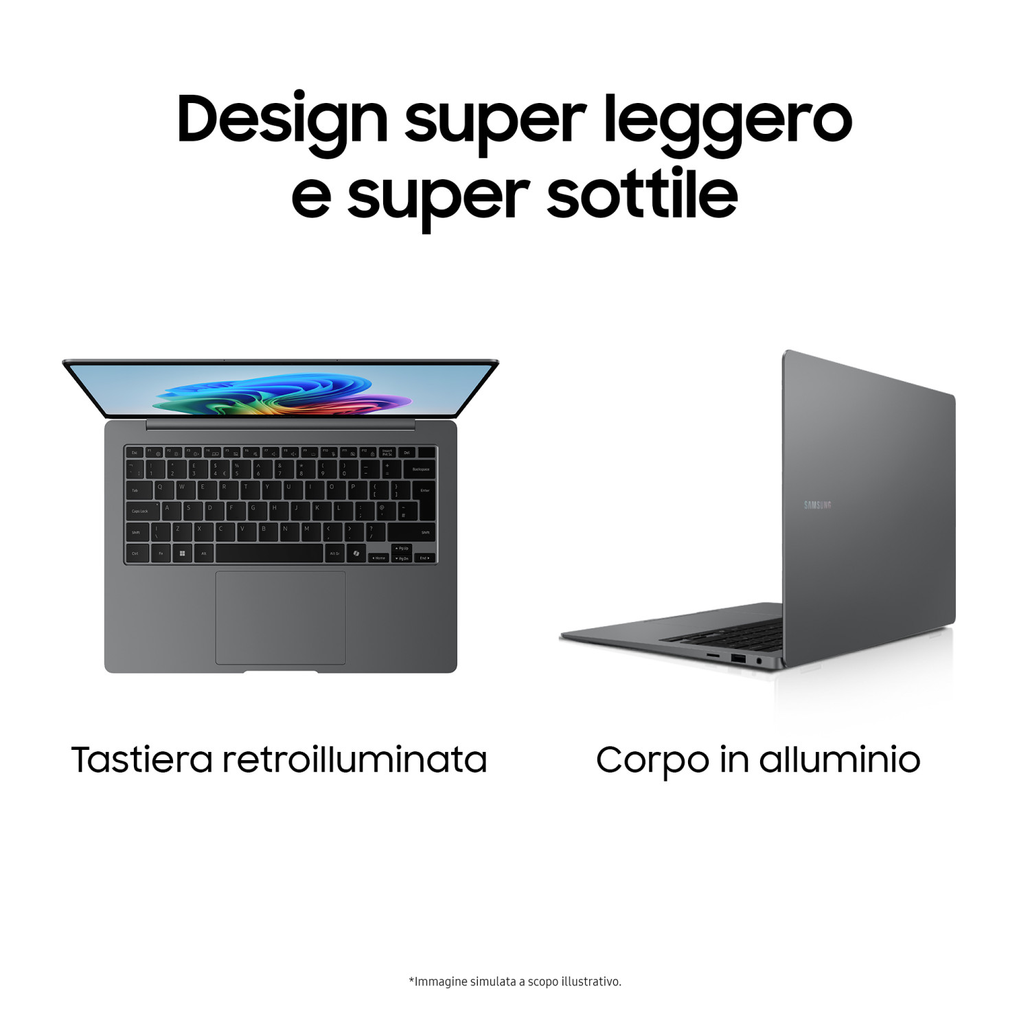 Laptop grigio con tastiera retroilluminata e corpo in alluminio.