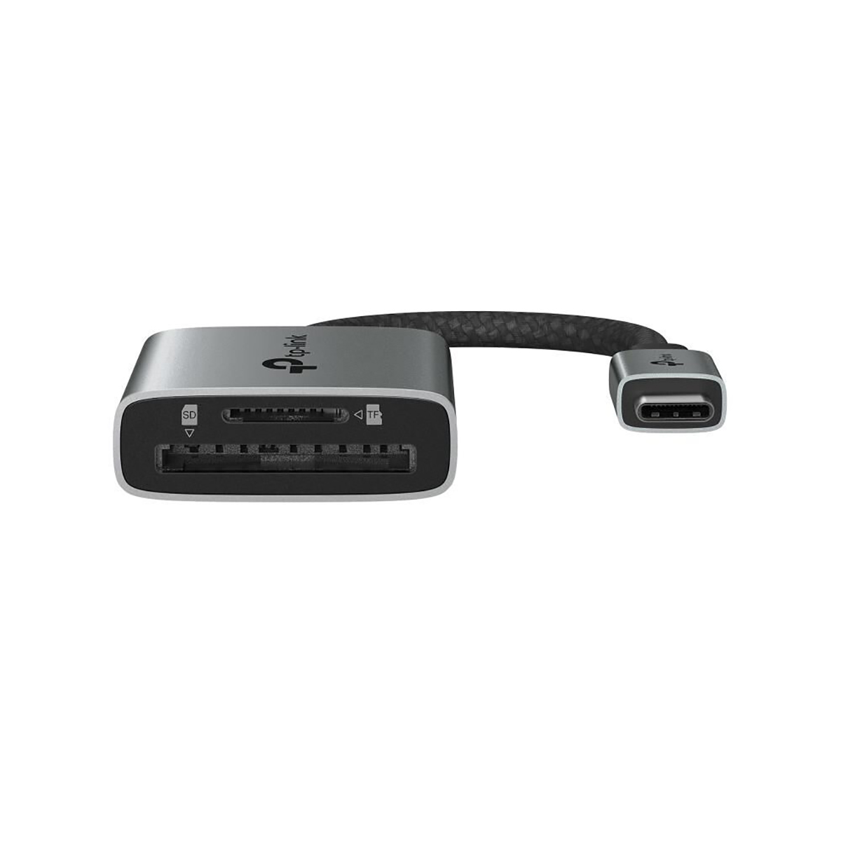 Grauer Kartenleser mit SD- und TF-Steckplätzen und USB-C-Anschluss.