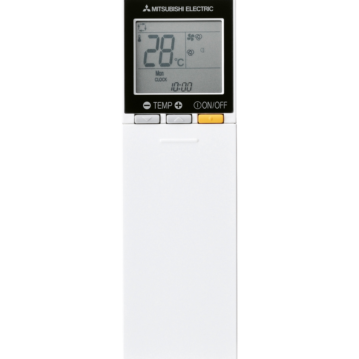 Un telecomando bianco Mitsubishi Electric con display nero mostra 28 gradi.