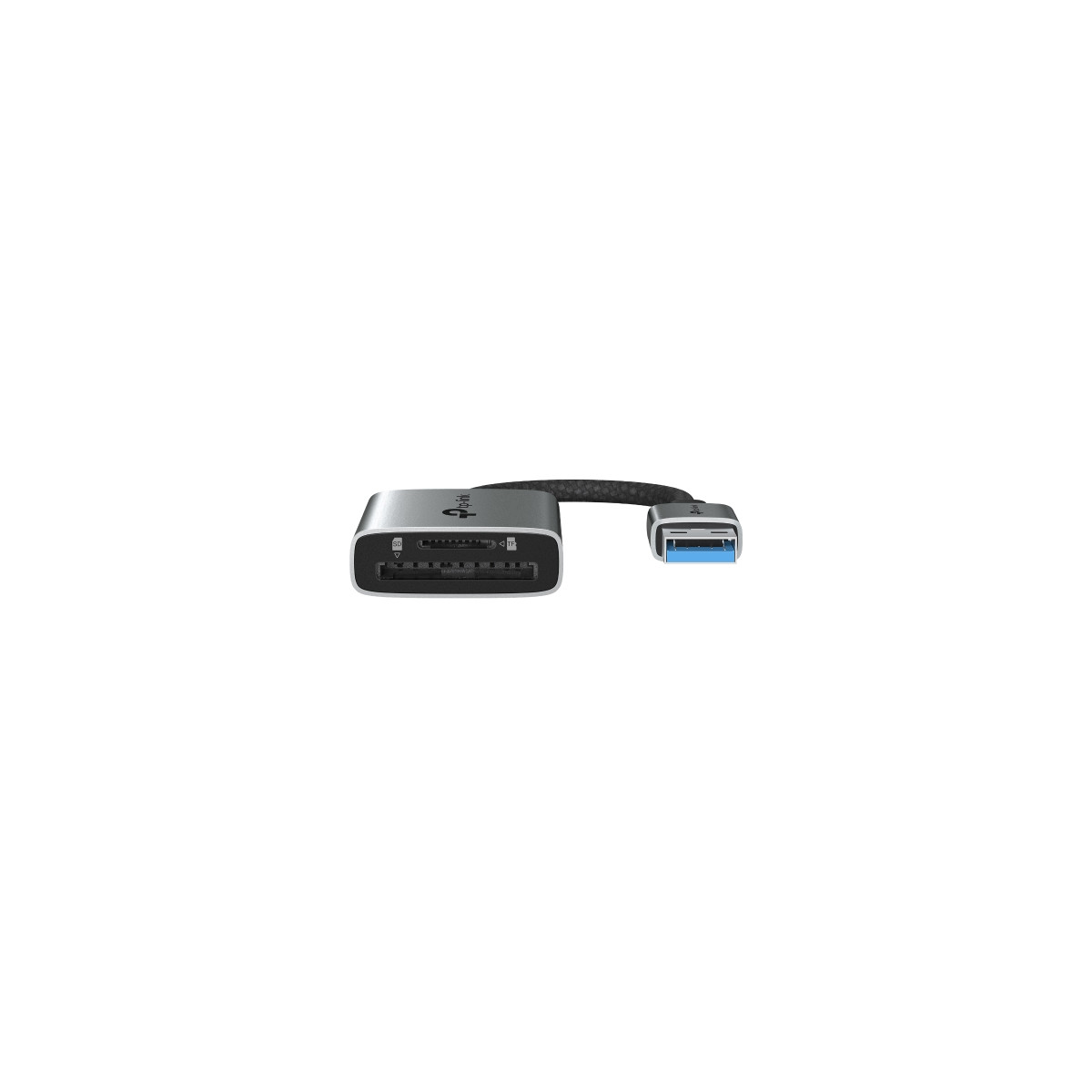Silberner Kartenleser mit SD- und TF-Steckplätzen, verbunden mit einem blauen USB-Stecker.