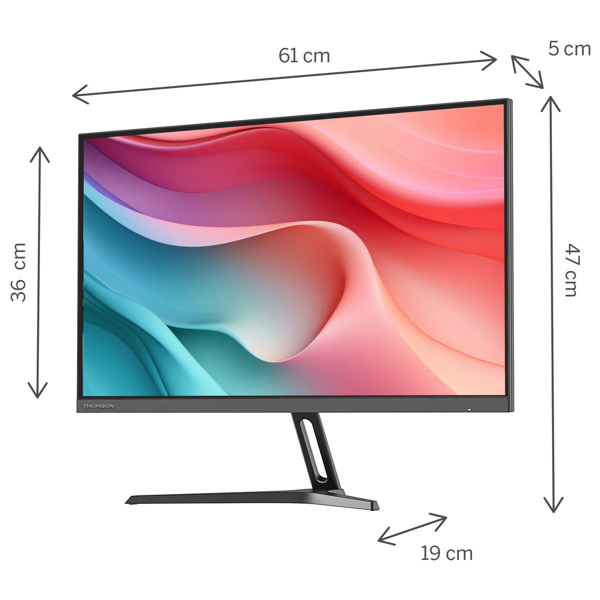 Monitor de 61 cm con gráficos de fondo abstractos y coloridos y dimensiones.