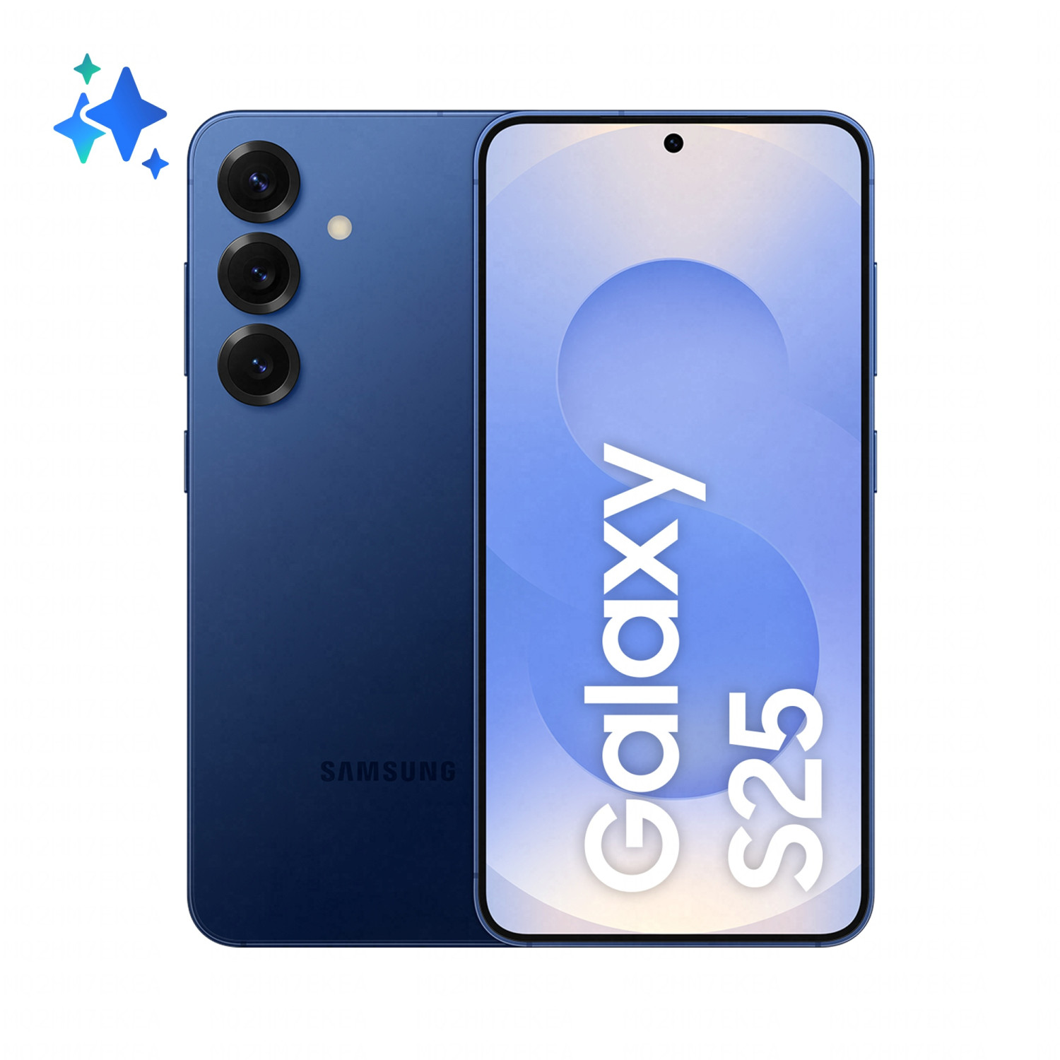 Dunkelblaues Samsung Galaxy S25 Smartphone mit drei Kameras auf der Rückseite.