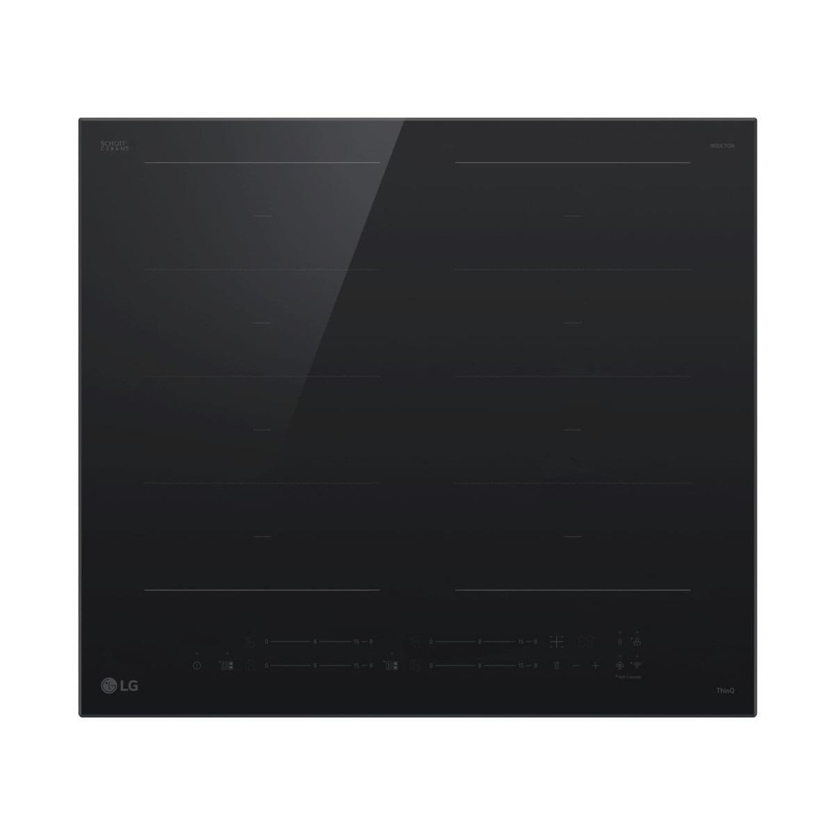 Piano cottura a induzione nero con quattro zone cottura e logo LG.