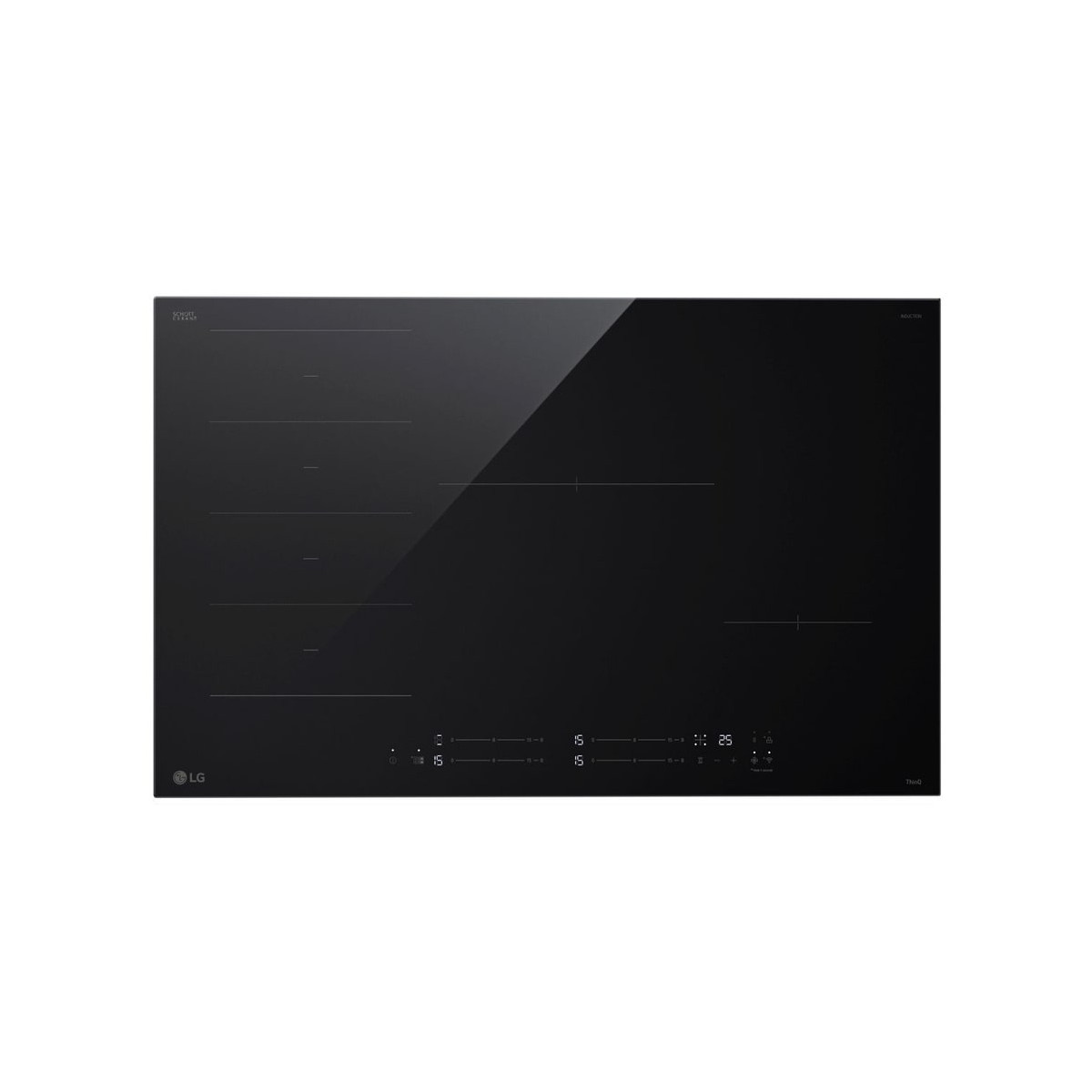 Piano cottura a induzione nero con comandi touch e display digitale.
