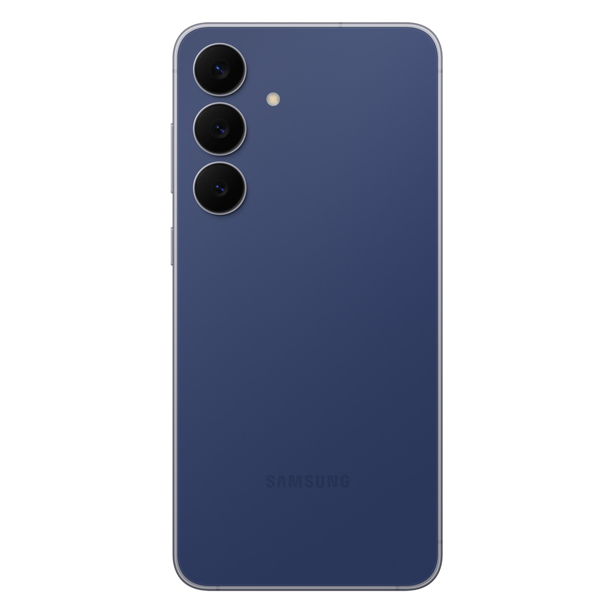 Rückseite eines blauen Samsung Smartphones mit drei Kameras und Blitz.