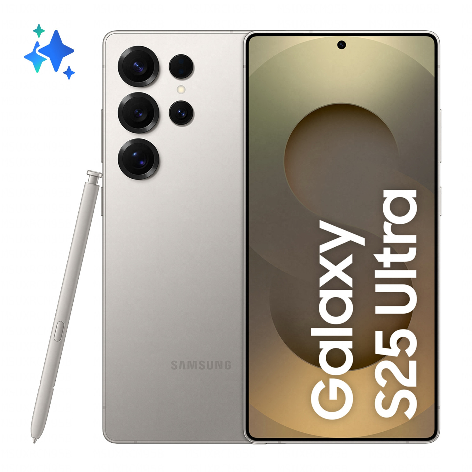 Silbernes Samsung Galaxy S25 Ultra mit Stift und Stern-Grafik. Vier Kameras hinten.