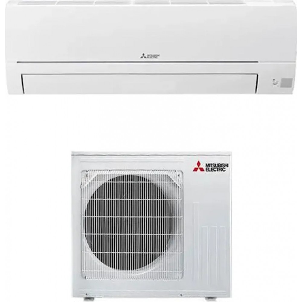 Unità di condizionamento aria bianca con componenti interni ed esterni, logo Mitsubishi Electric.