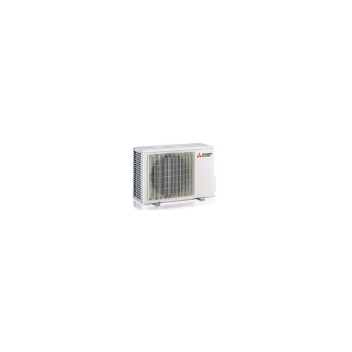 Unità esterna per condizionatore Mitsubishi Electric bianca con griglia ventilatore grigia.