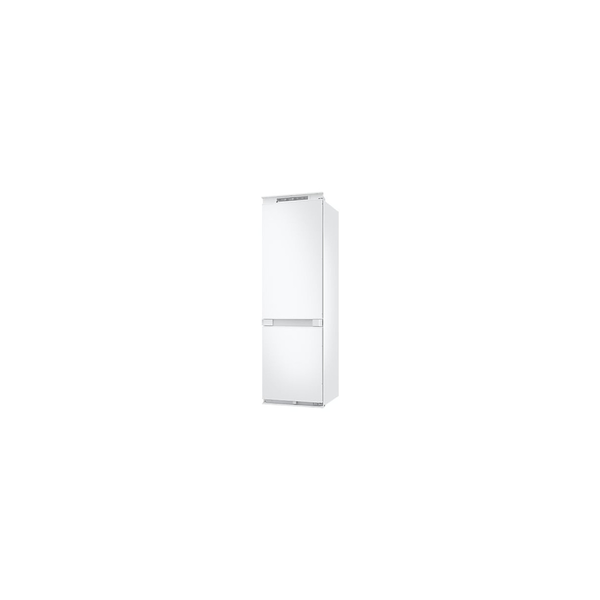 Un frigorifero bianco a due porte con maniglia argentata.