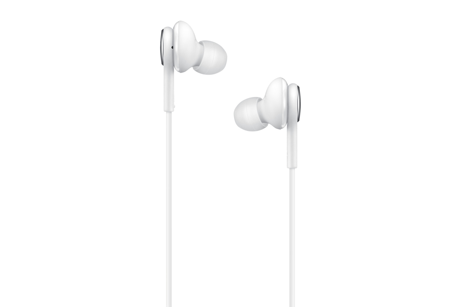 Zwei weiße In-Ear-Kopfhörer mit Kabel auf weißem Hintergrund.