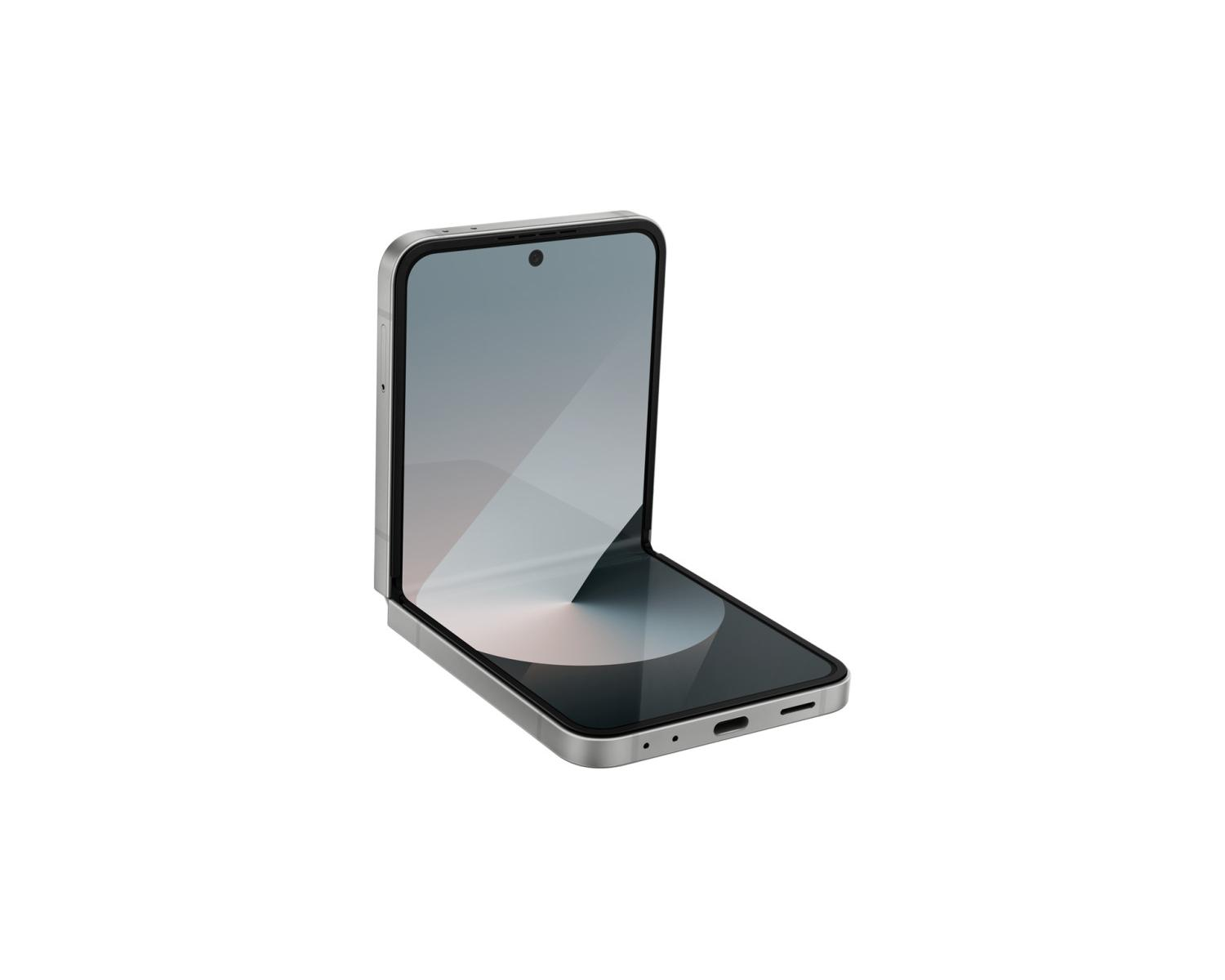 Un teléfono plegable plateado, semiabierto, con pantalla negra y reflejos.