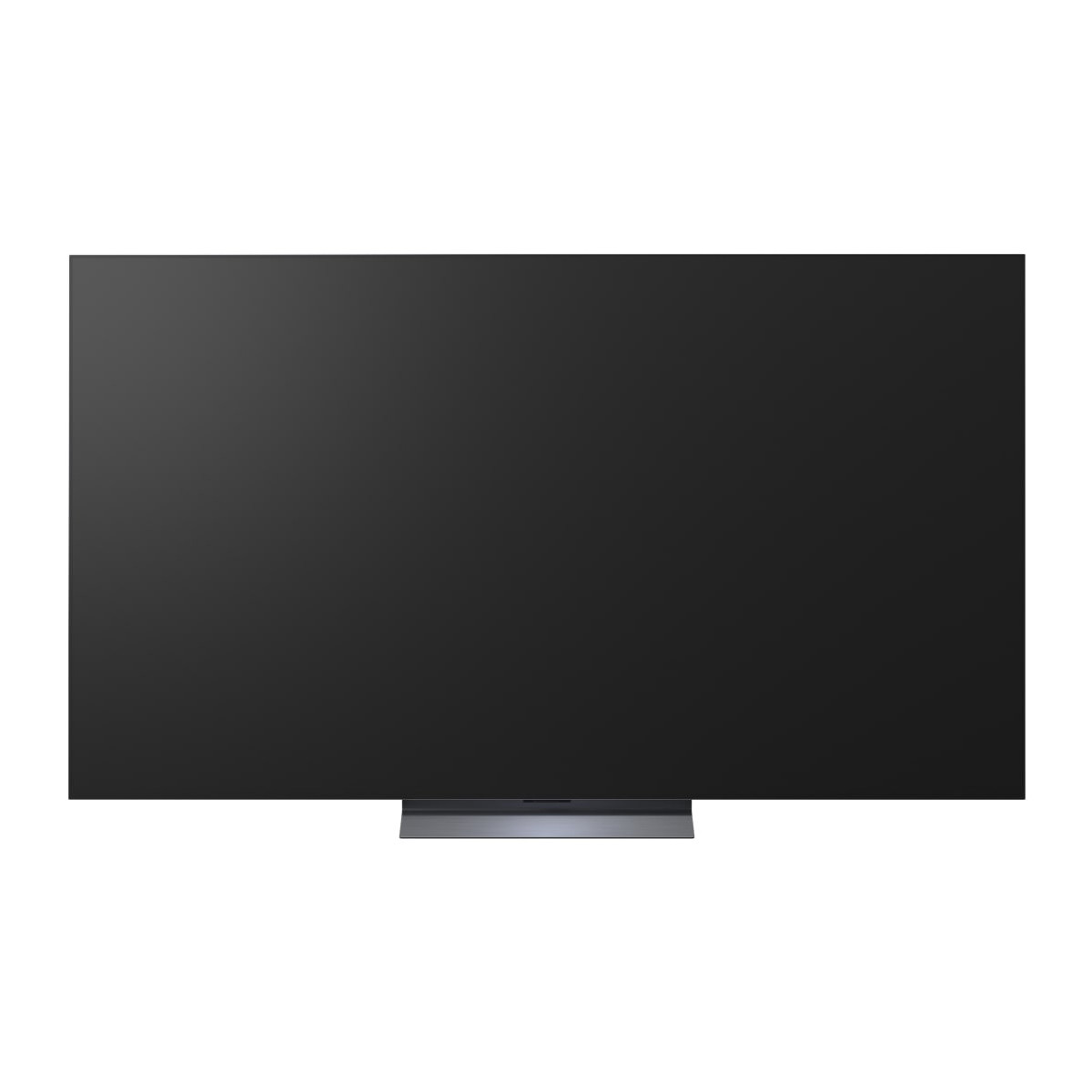 Ein moderner, dunkler Fernseher mit einem schmalen silbernen Ständer.