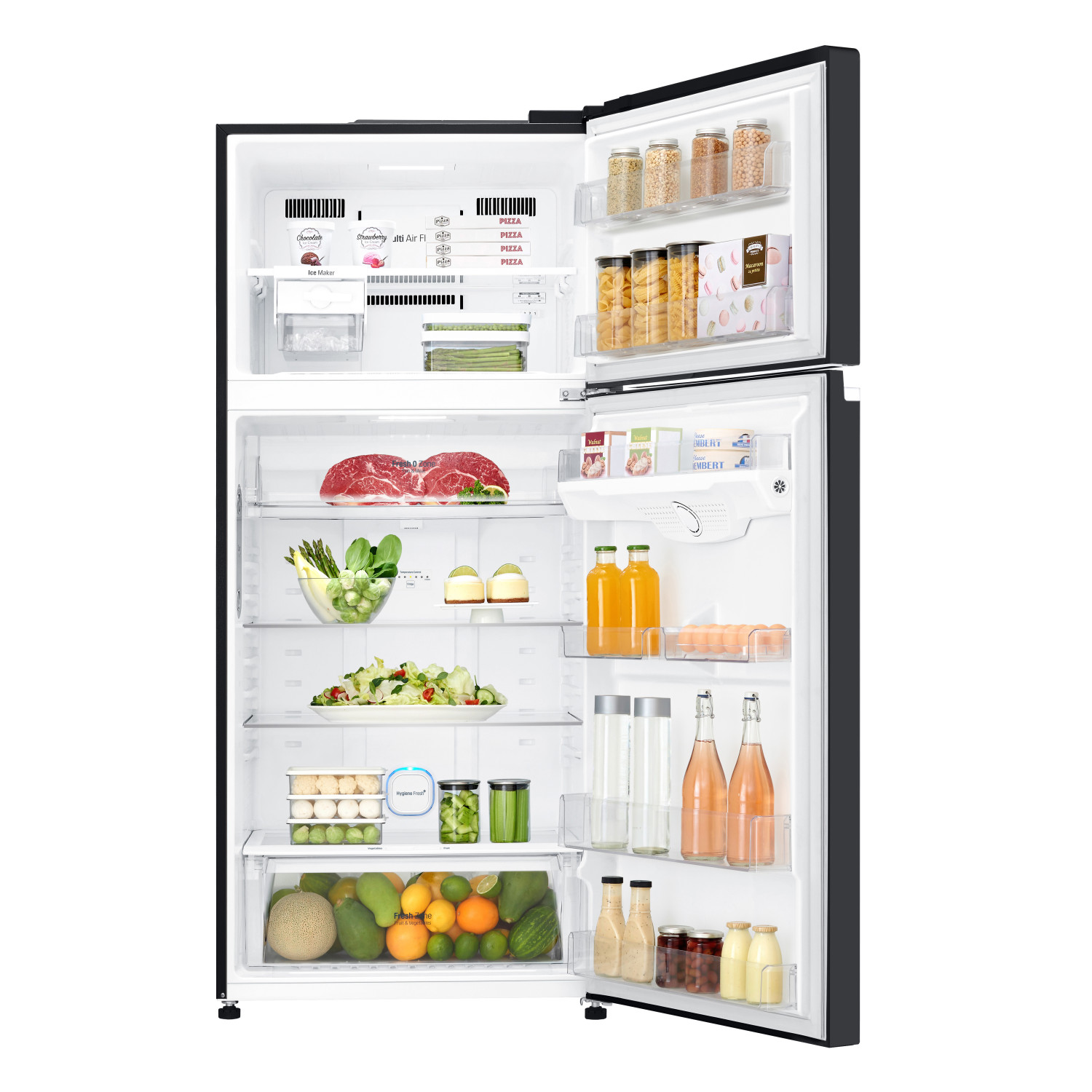 Offener Kühlschrank mit Lebensmitteln wie Fleisch, Gemüse, Obst, Eiern, Milchprodukten und Getränken.