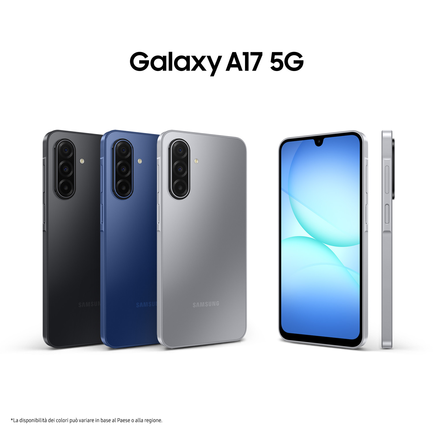 Drei Samsung Galaxy A17 5G Smartphones in Schwarz, Blau und Grau.
