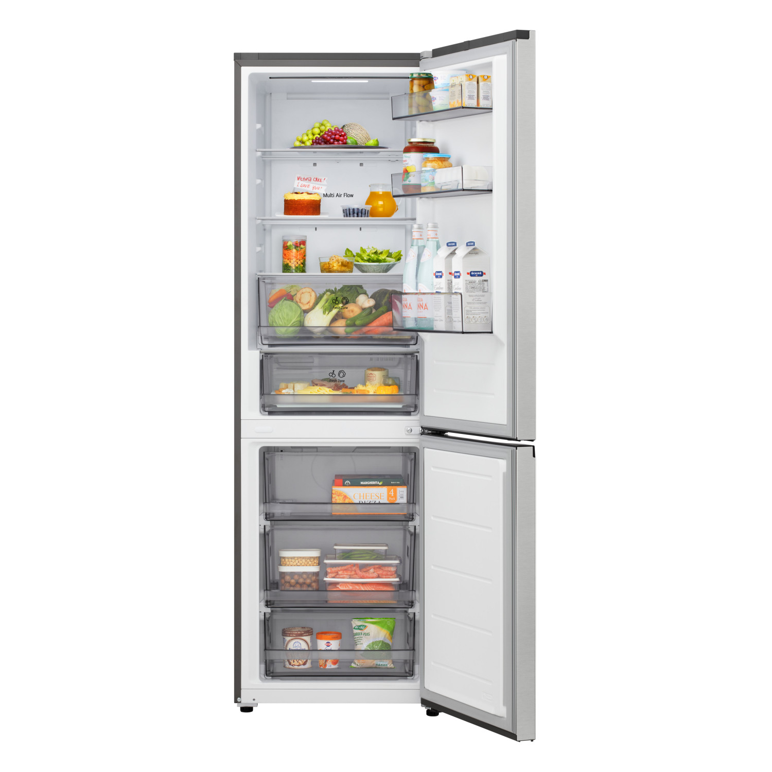 Un refrigerador abierto lleno de comida como frutas, verduras, queso y bebidas.