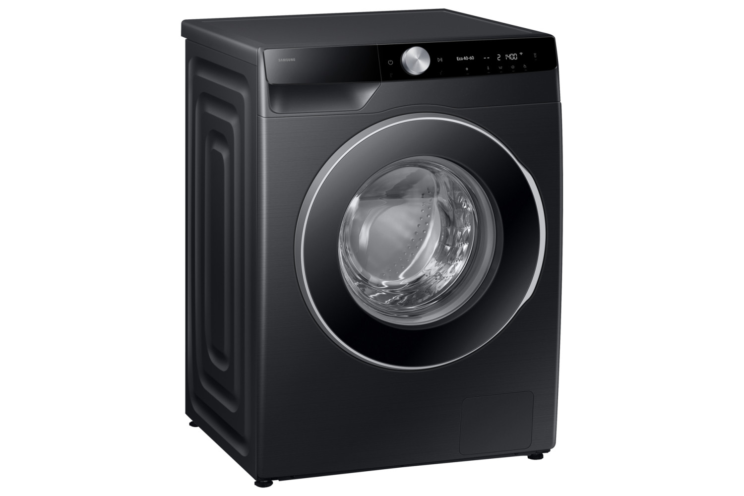 Machine à laver Samsung noire à chargement frontal avec hublot argenté.