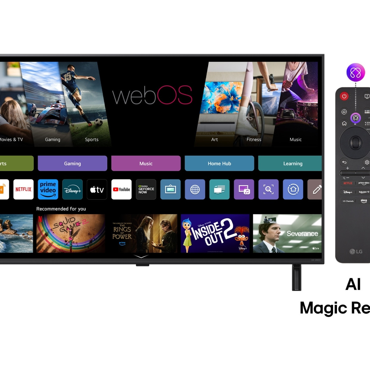 Smart TV LG con interfaccia WebOS e telecomando Magic Remote.