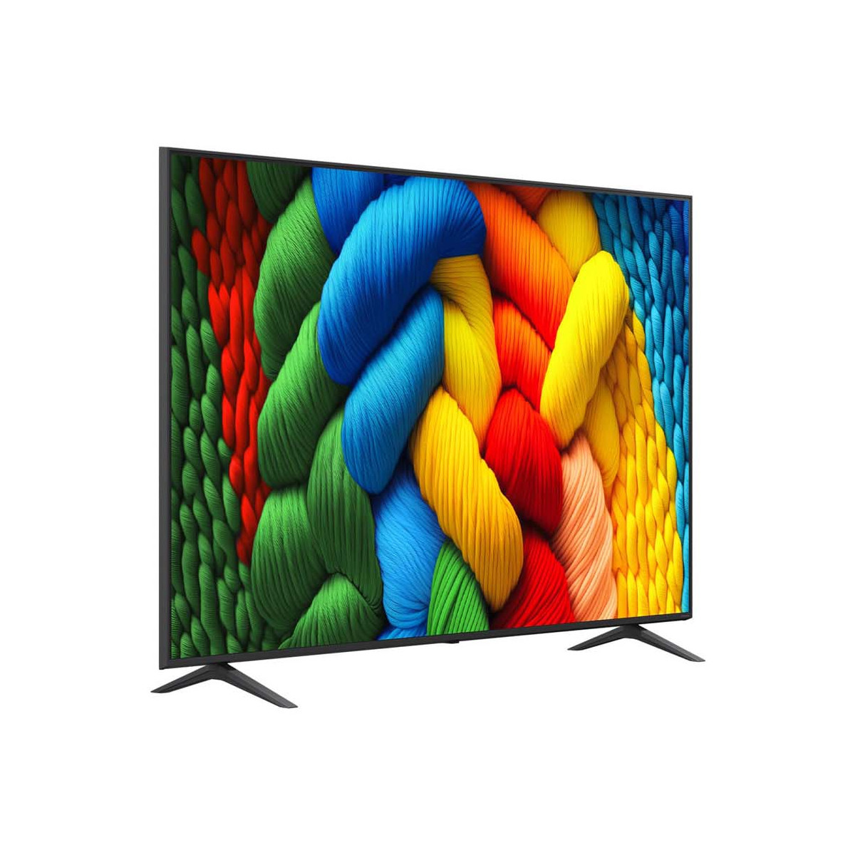 Una TV a schermo piatto nera mostra un motivo intrecciato colorato di filato rosso, verde, blu e giallo.
