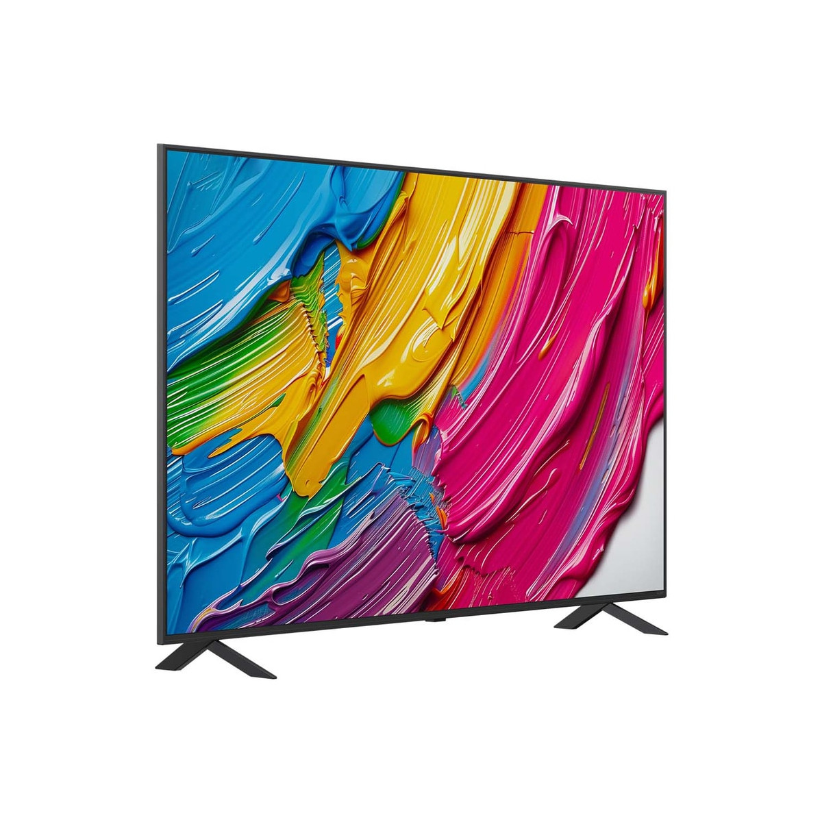 Un televisore moderno con uno screensaver astratto e colorato.