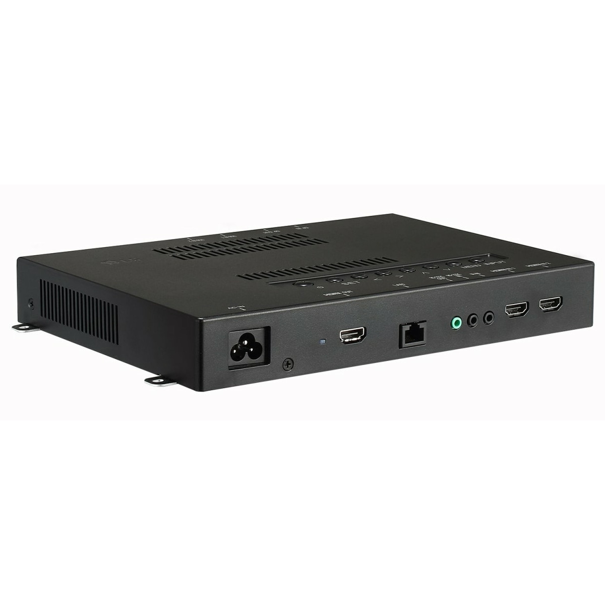 Schwarzes elektronisches Gerät mit Anschlüssen wie HDMI, LAN und Stromversorgung.